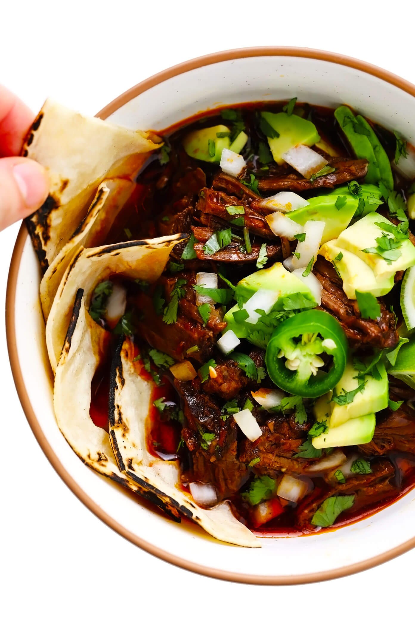 Birria (Mexican Beef Stew) with Avocado, Cilantro and Corn Tortillas