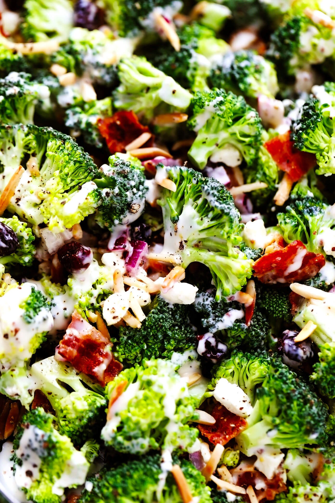 Close up of broccoli salad with bacon and feta cheese