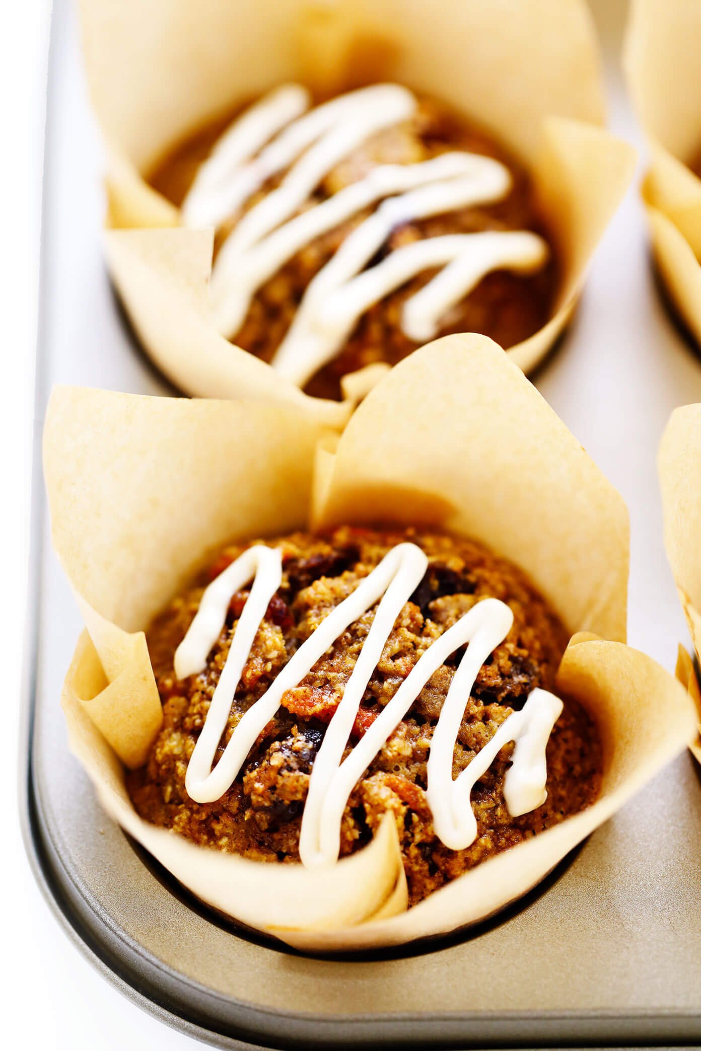 Closeup Carrot Cake Muffins with Cream Cheese Glaze