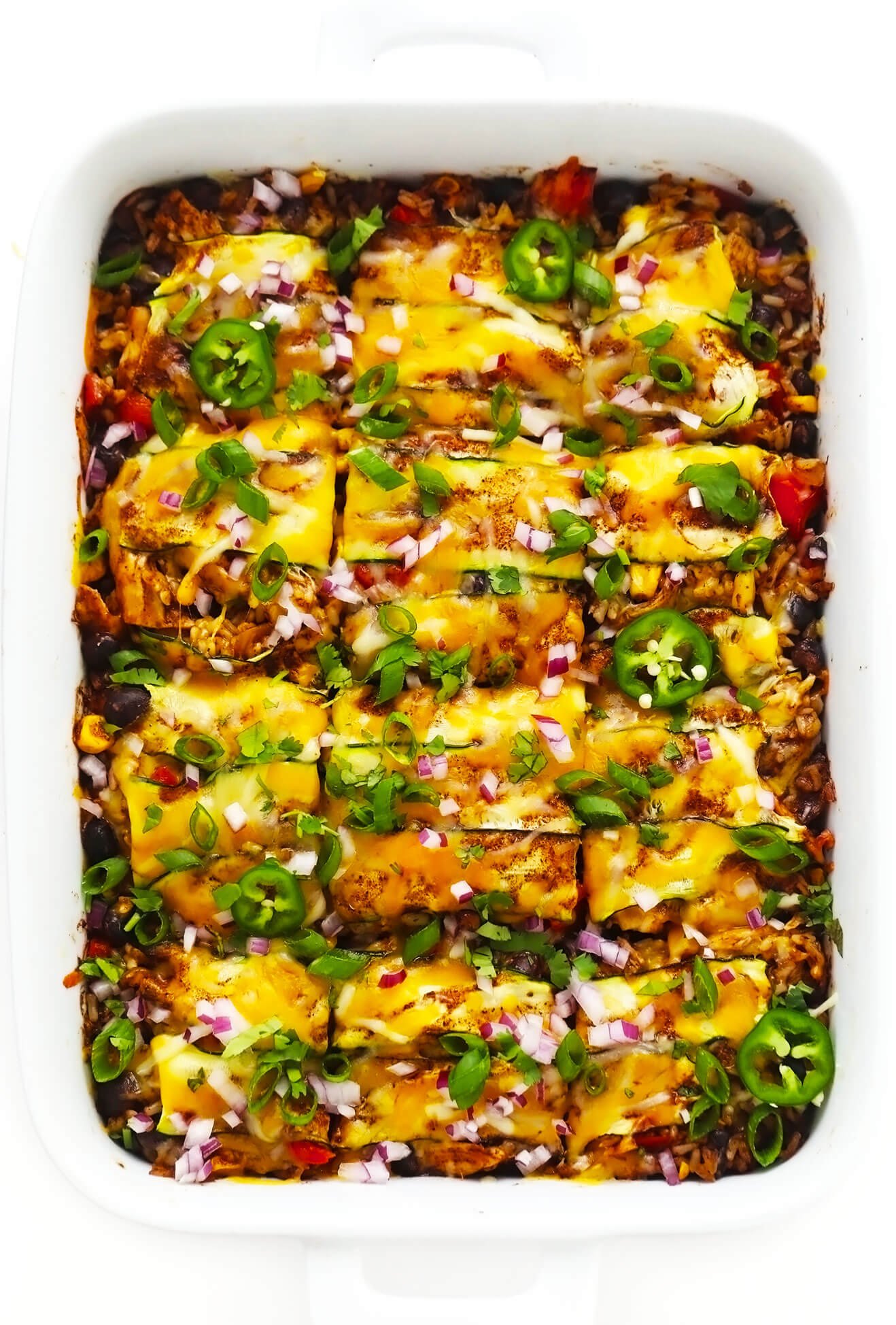 Zucchini Chicken Enchilada Casserole in Baking Dish