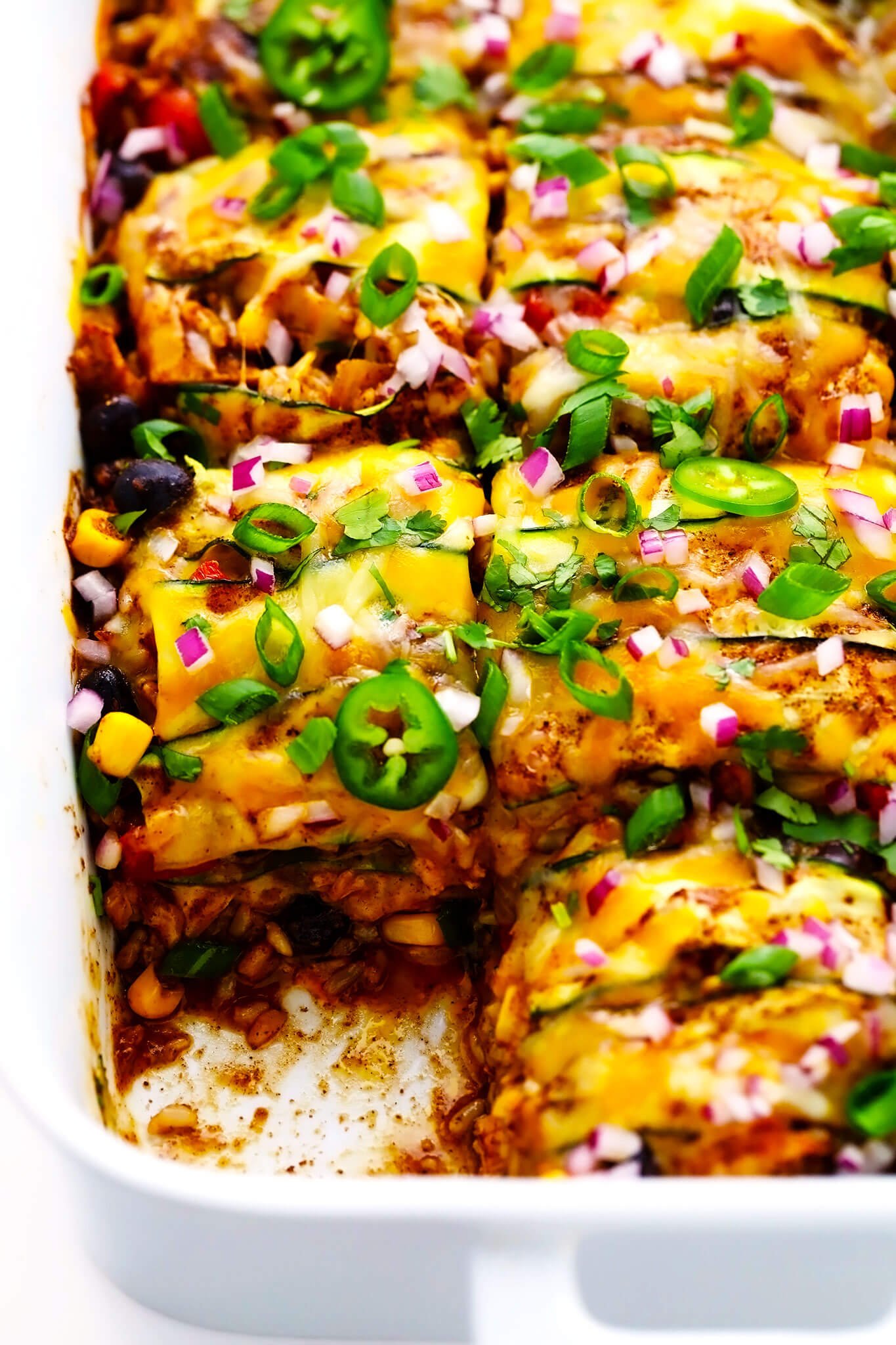 Zucchini Chicken Enchilada Casserole in Baking Dish