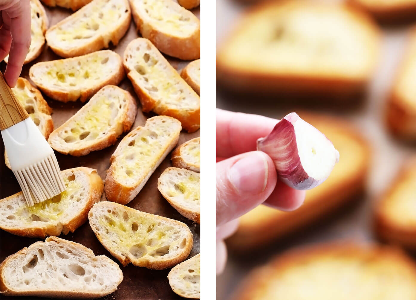 Como fazer bruschetta -- pincelando a torrada com azeite de oliva e alho