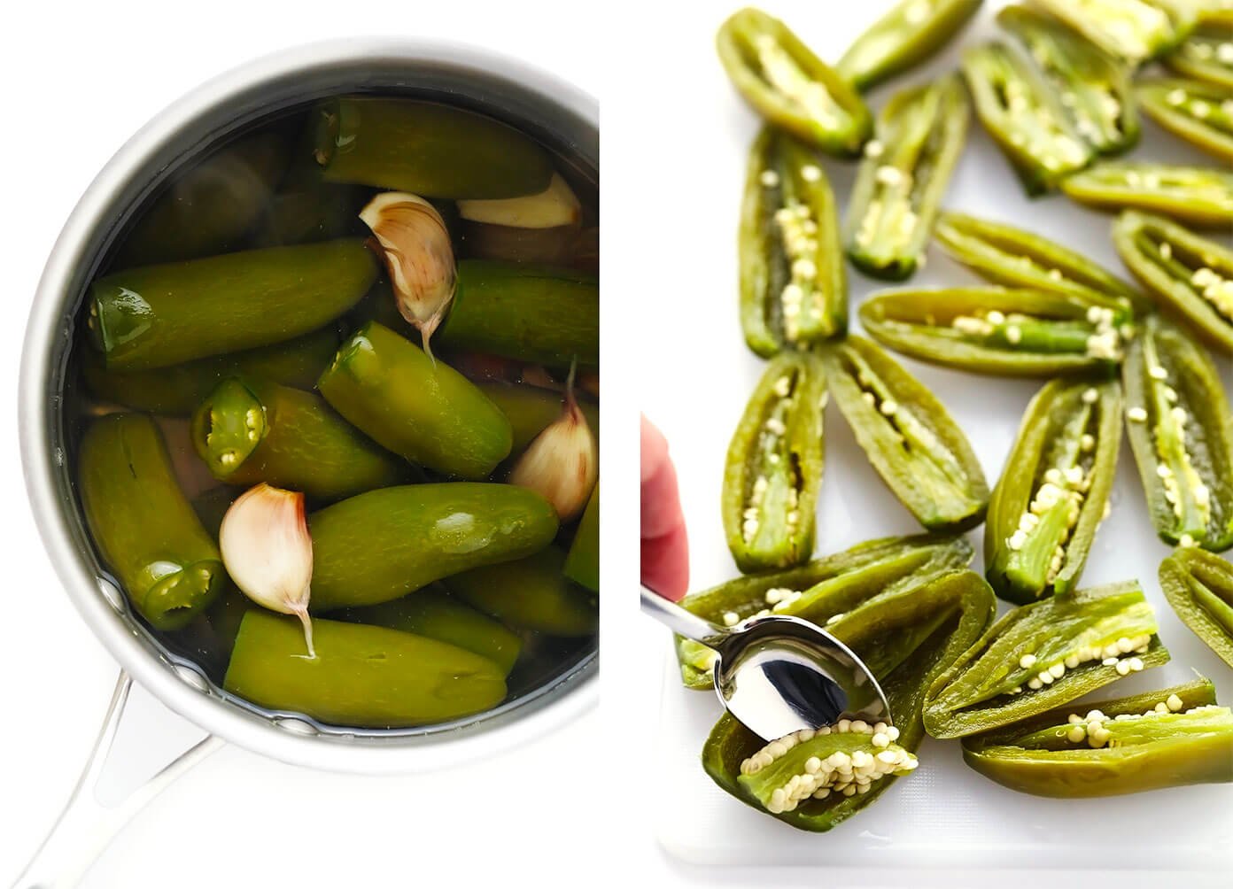 Ferver e descaroçar jalapeños para fazer salsa
