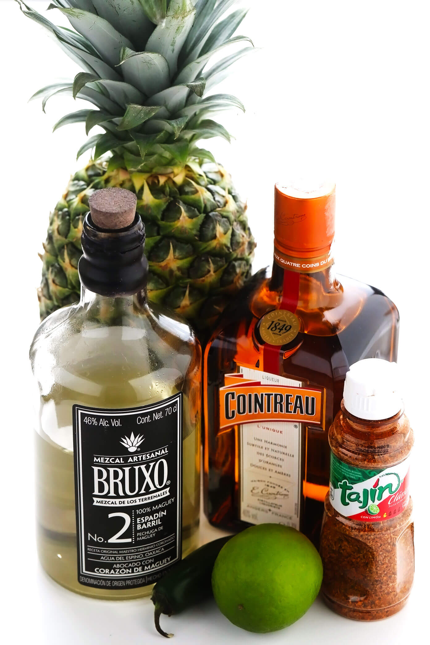 Spicy Pineapple Margarita Ingredients -- Pineapple, Mezcal, Cointreau, Lime, Jalapeño and Tajin