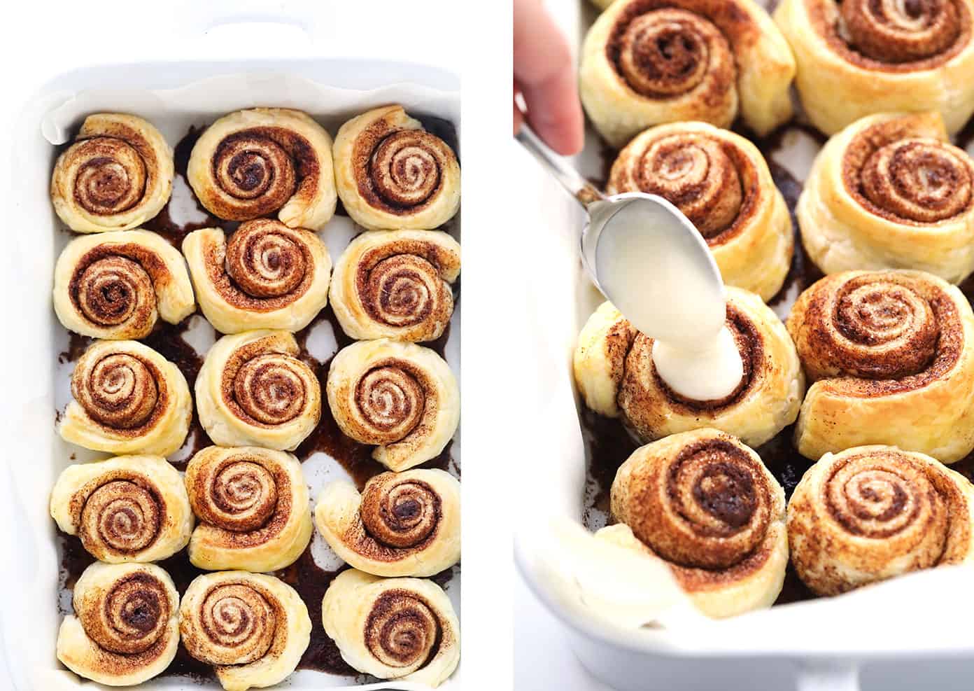 Spreading the icing on puff pastry cinnamon buns