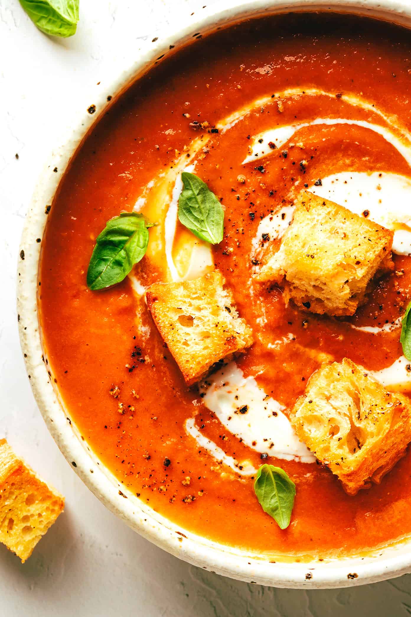 Roasted tomato soup in bowl with basil, cream and croutons