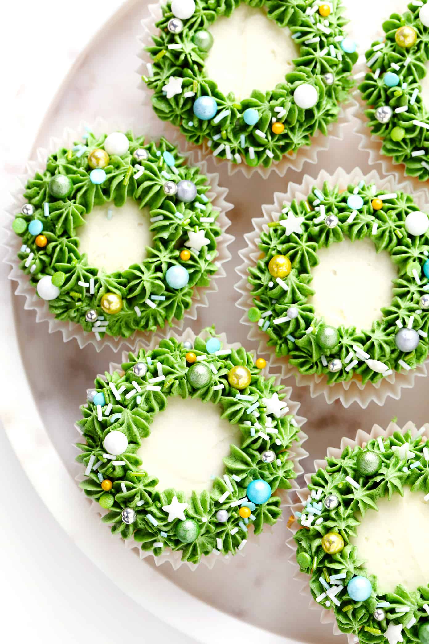 Christmas Wreath Cupcakes with Sprinkles on Plate