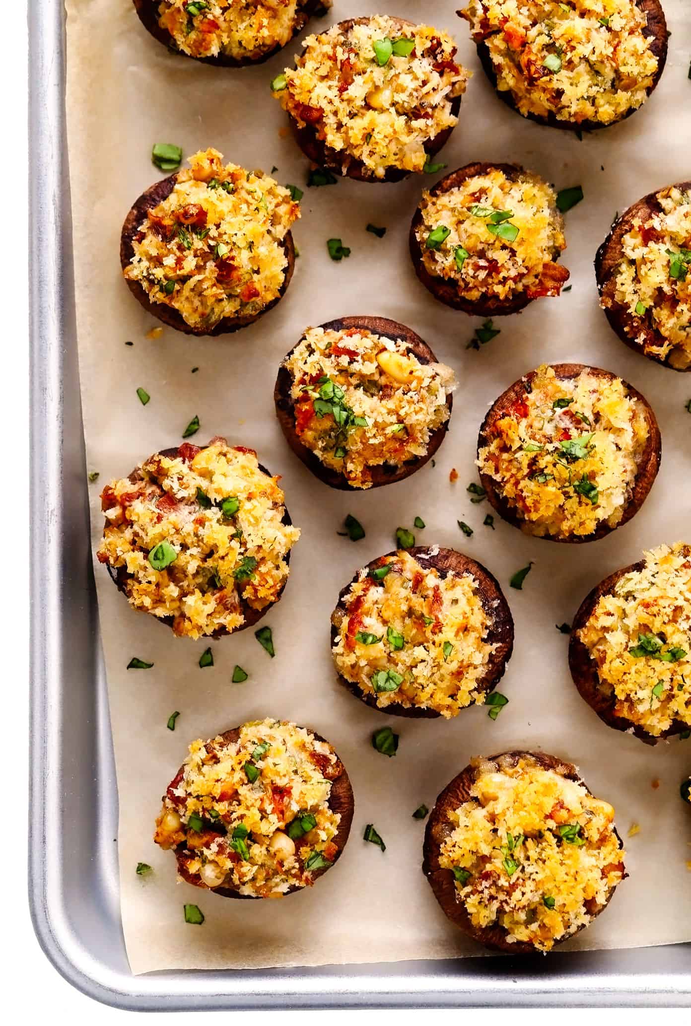 Vegetarian Stuffed Mushrooms on Baking Sheet