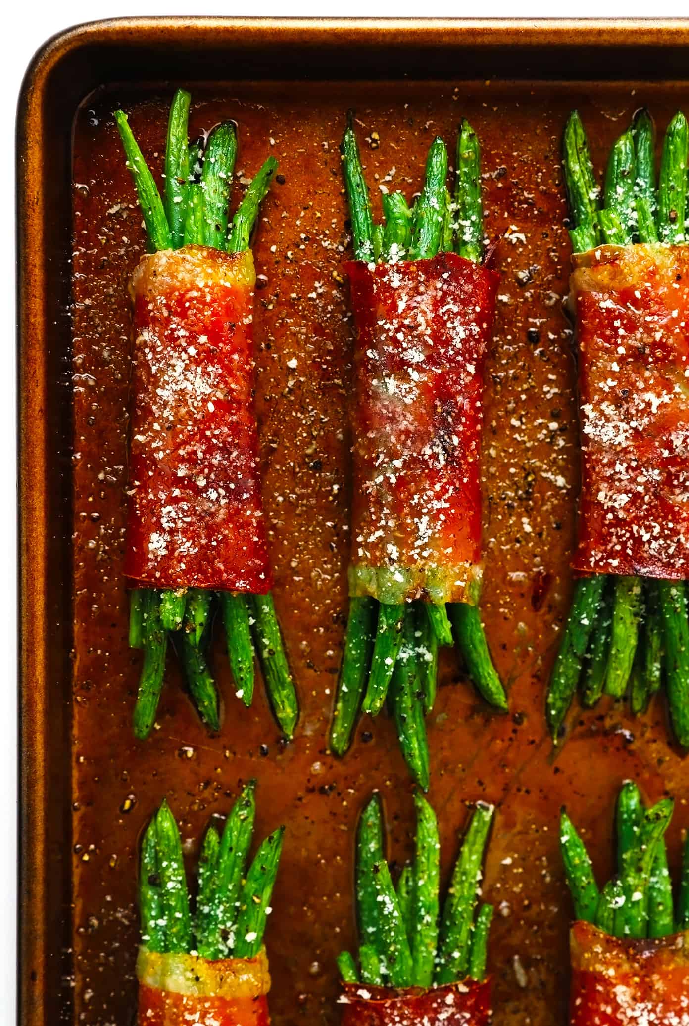 Roasted Green Bean Bundles with Prosciutto and Parmesan on Baking Sheet