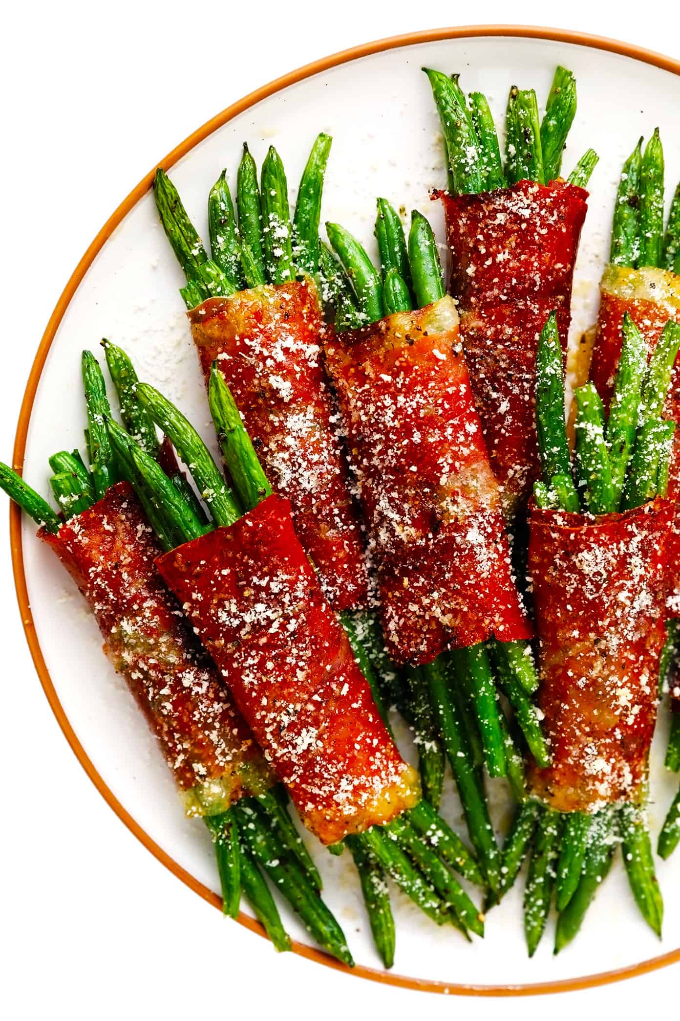 Roasted Green Bean Bundles with Prosciutto on Serving Plate