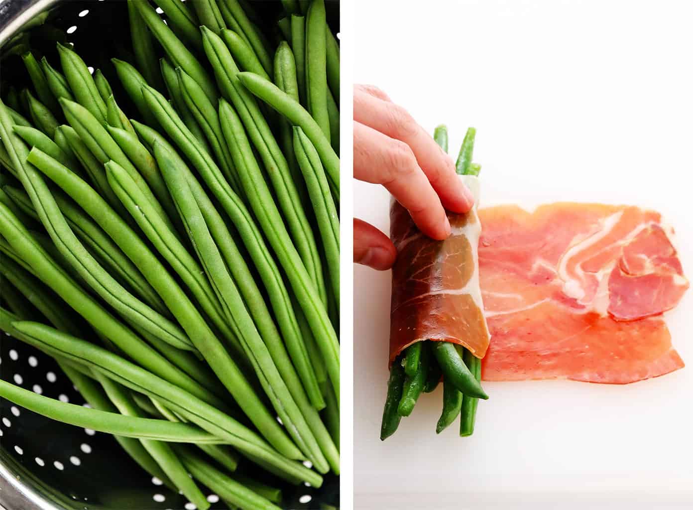 Feijão verde fresco haricot vert, seguido de feijão verde enrolado em prosciutto