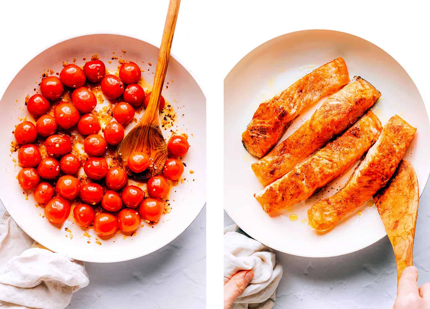 Tomates estourando e salmão queimando na frigideira