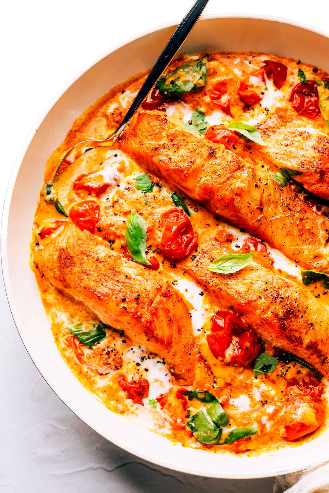 Salmon with Burst Tomato Sauce in Pan