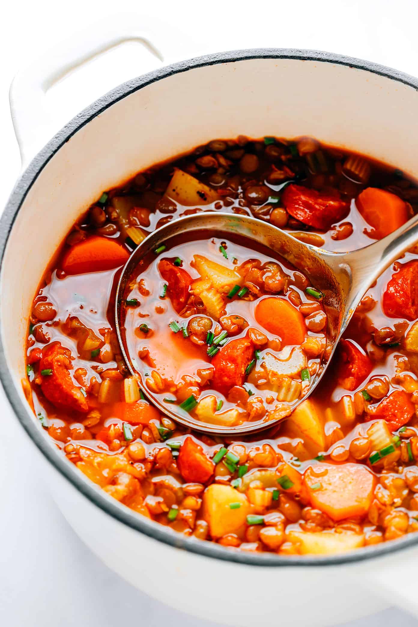 Spanish Chorizo Lentil Soup Pot with Ladle