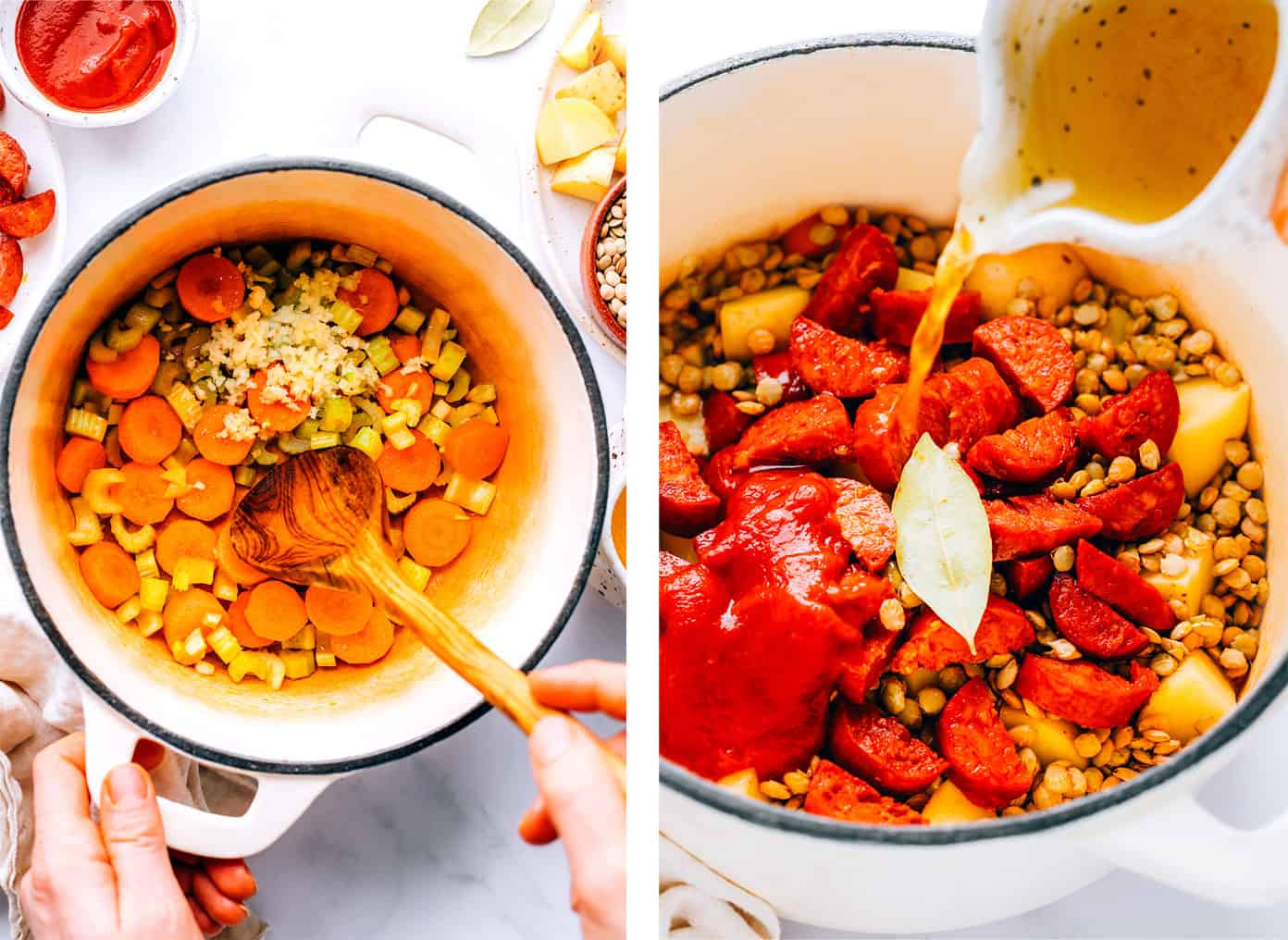 Demonstrating how to make Spanish Chorizo Lentil Soup