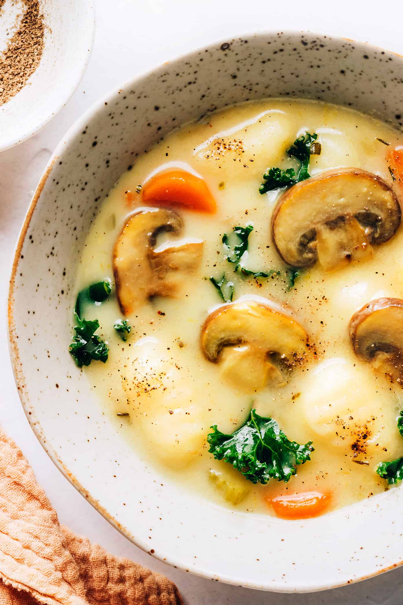 Closeup of creamy gnocchi, mushroom and kale soup