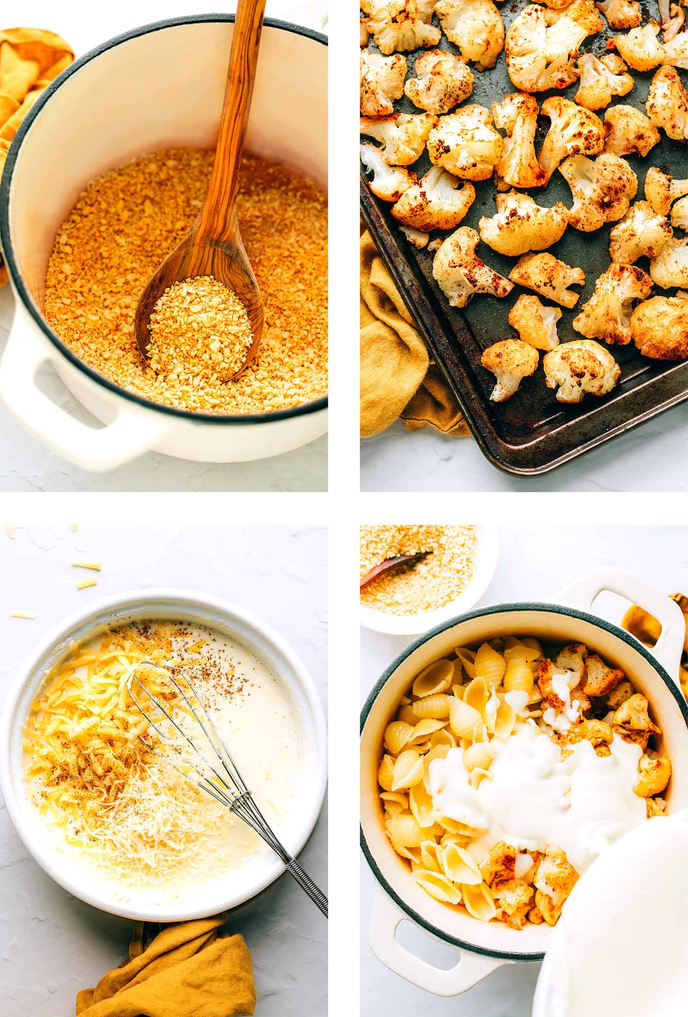 Toasting breadcrumbs, roasting cauliflower, making a cheese sauce, tossing everything together for roasted cauliflower mac and cheese