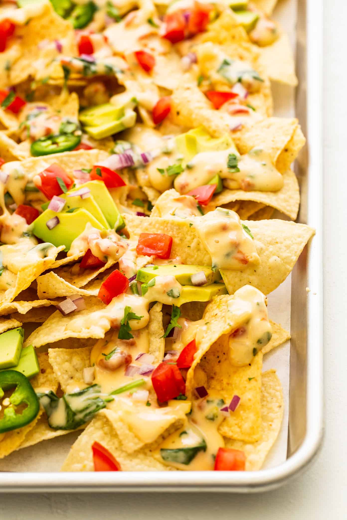 Easy Nachos in Sheet Pan with Avocado and Queso Blanco