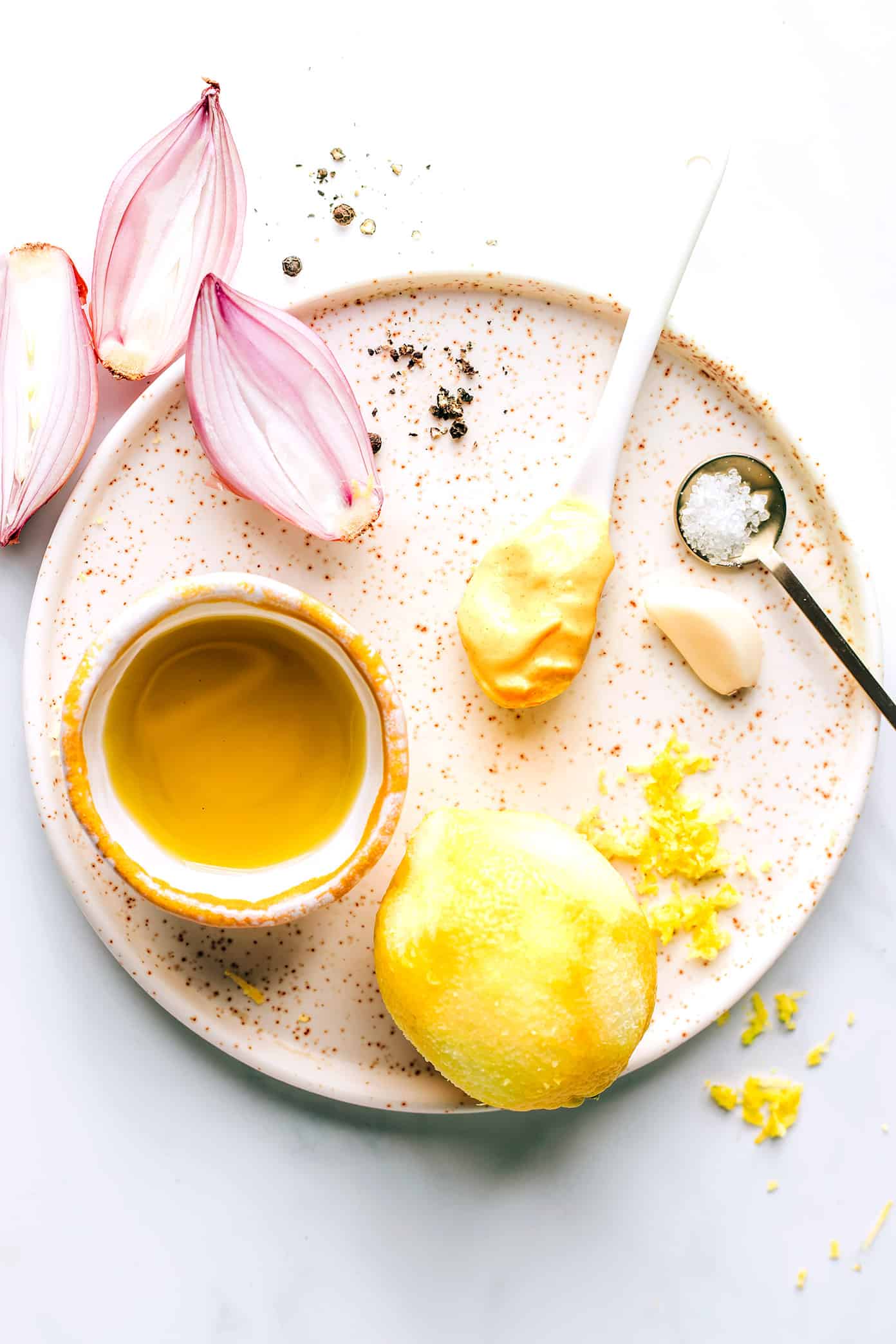 Shallot (French) Vinaigrette Ingredients on a Plate