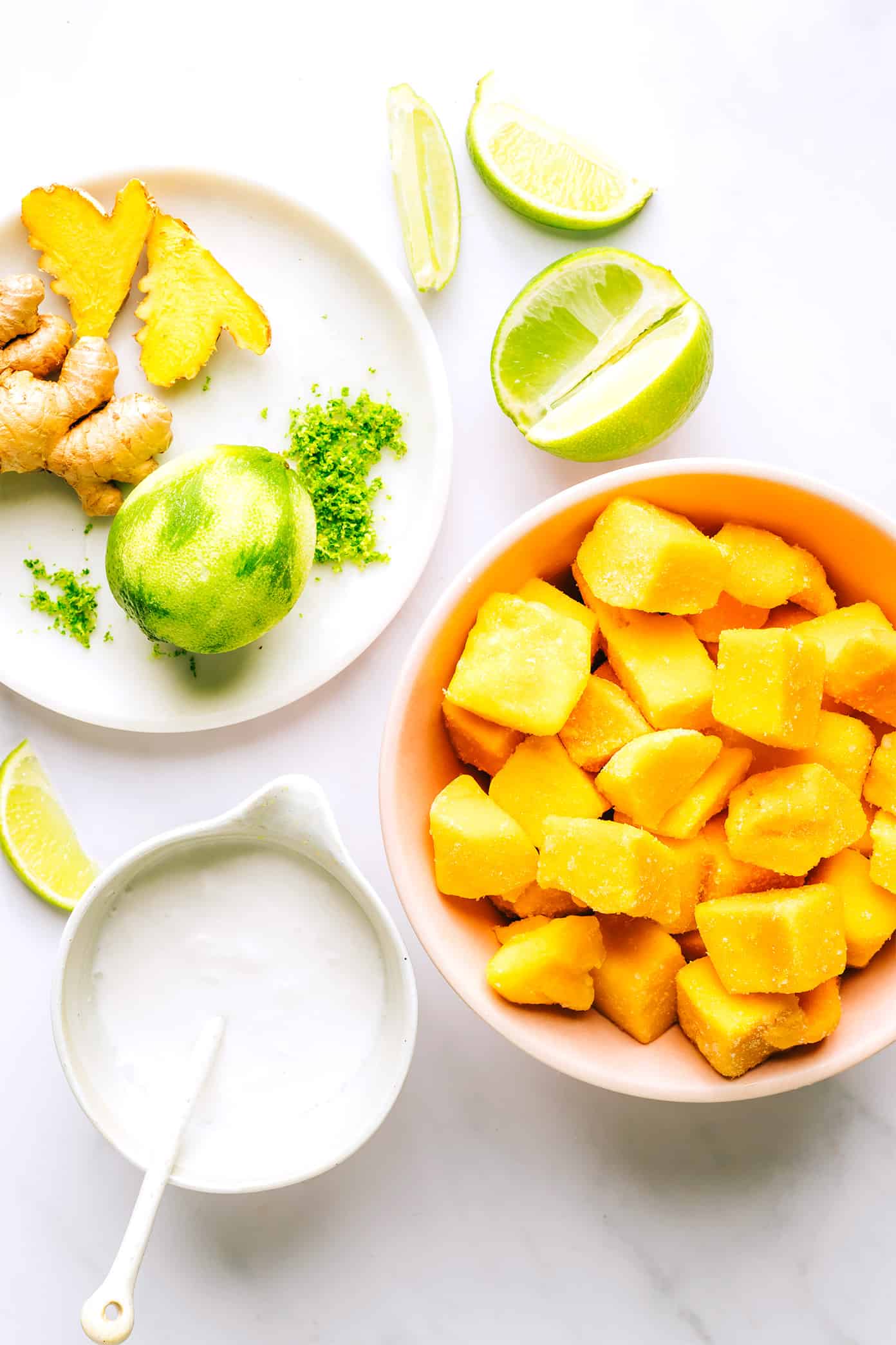 Mango Lime Sorbet Ingredients (frozen mango, fresh ginger, coconut milk, lime)