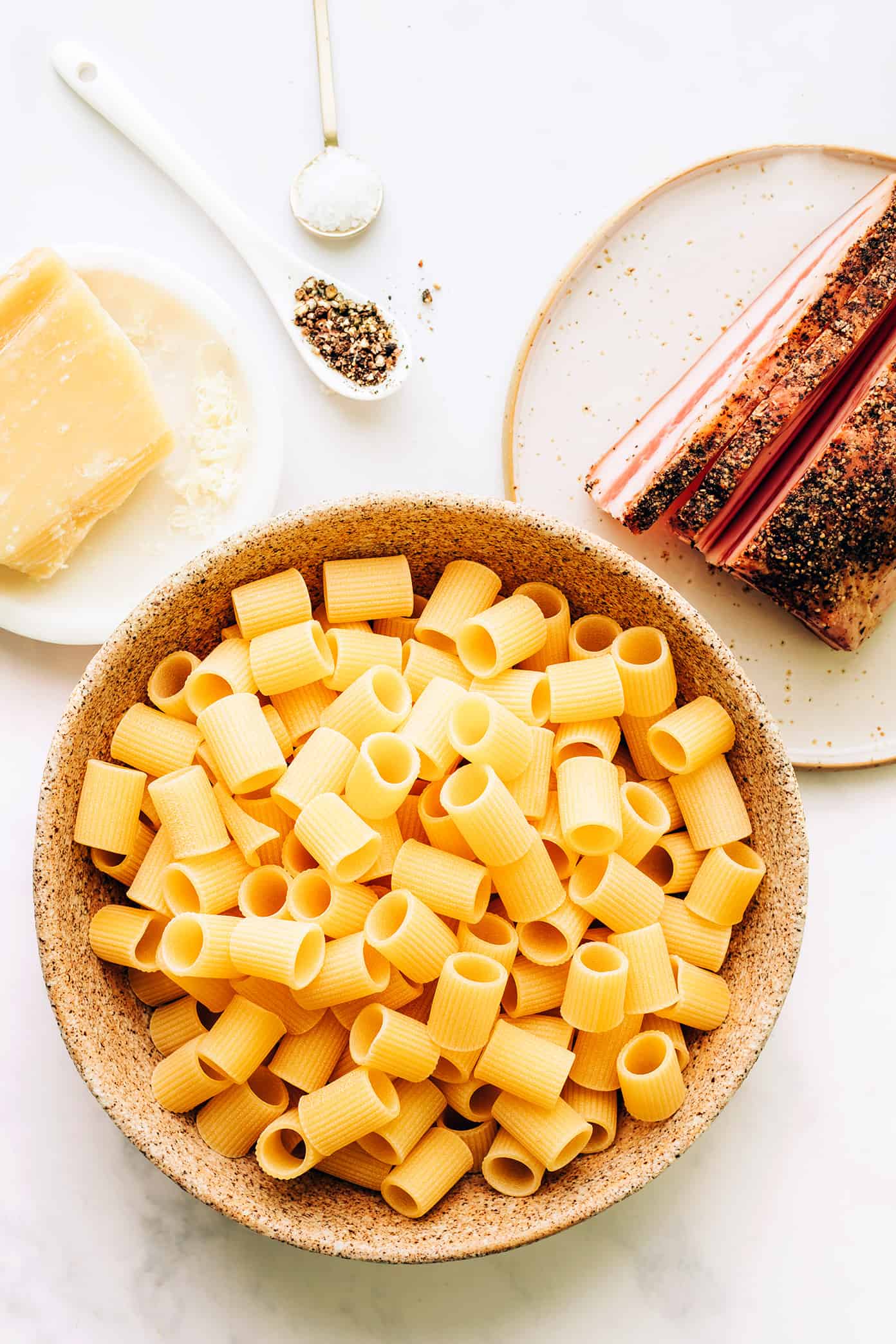 Pasta alla Gricia Ingredients - rigatoni, Pecorino cheese, guanciale, salt and pepper