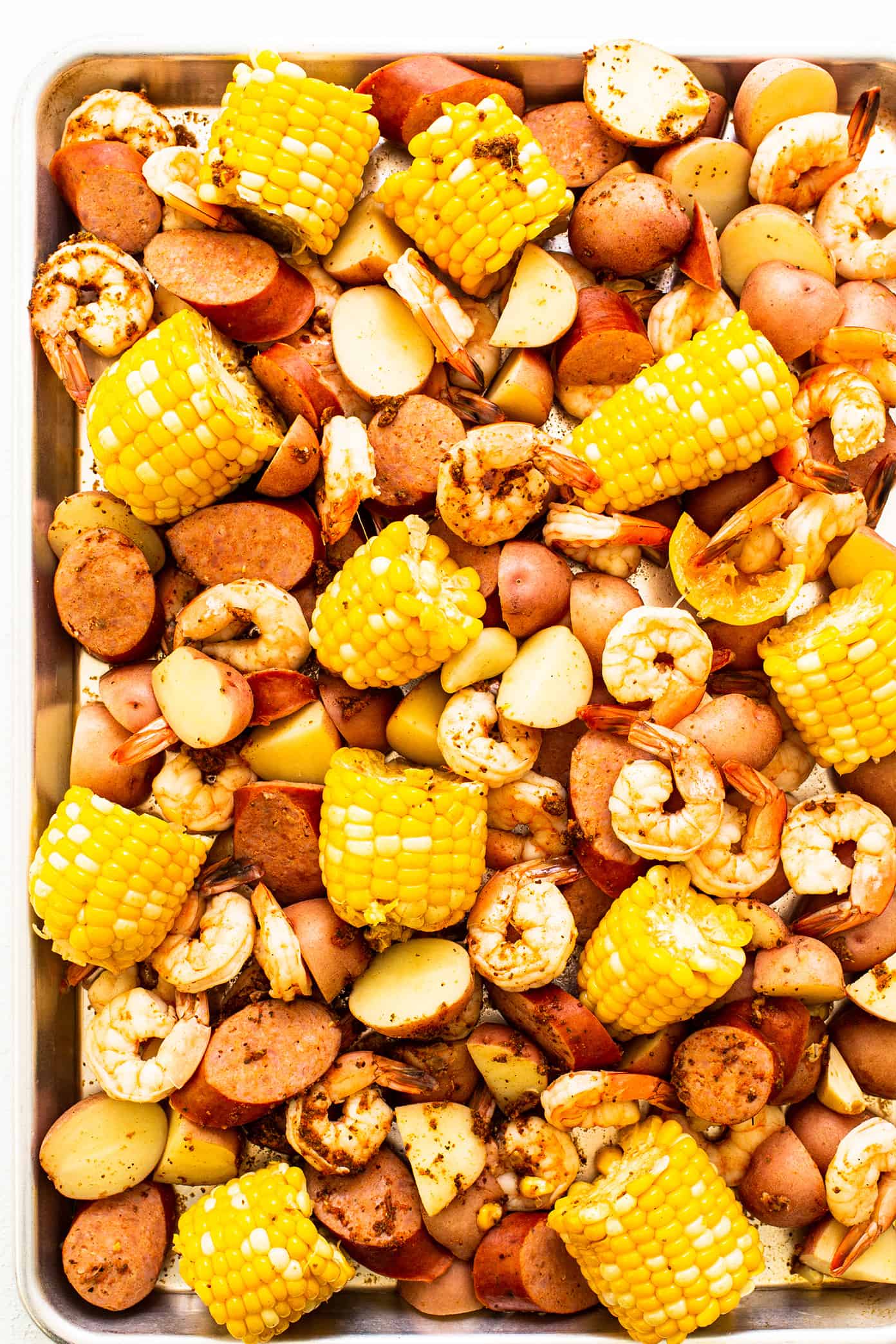 Cooked shrimp boil on sheet pan