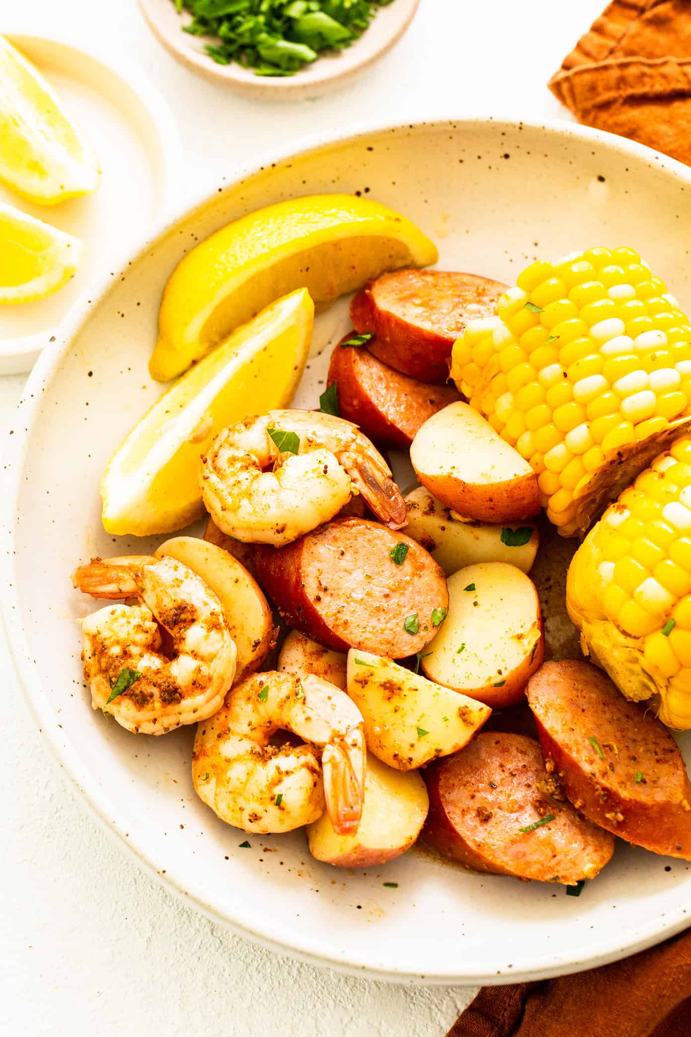 Shrimp Boil on Serving Plate with Lemons