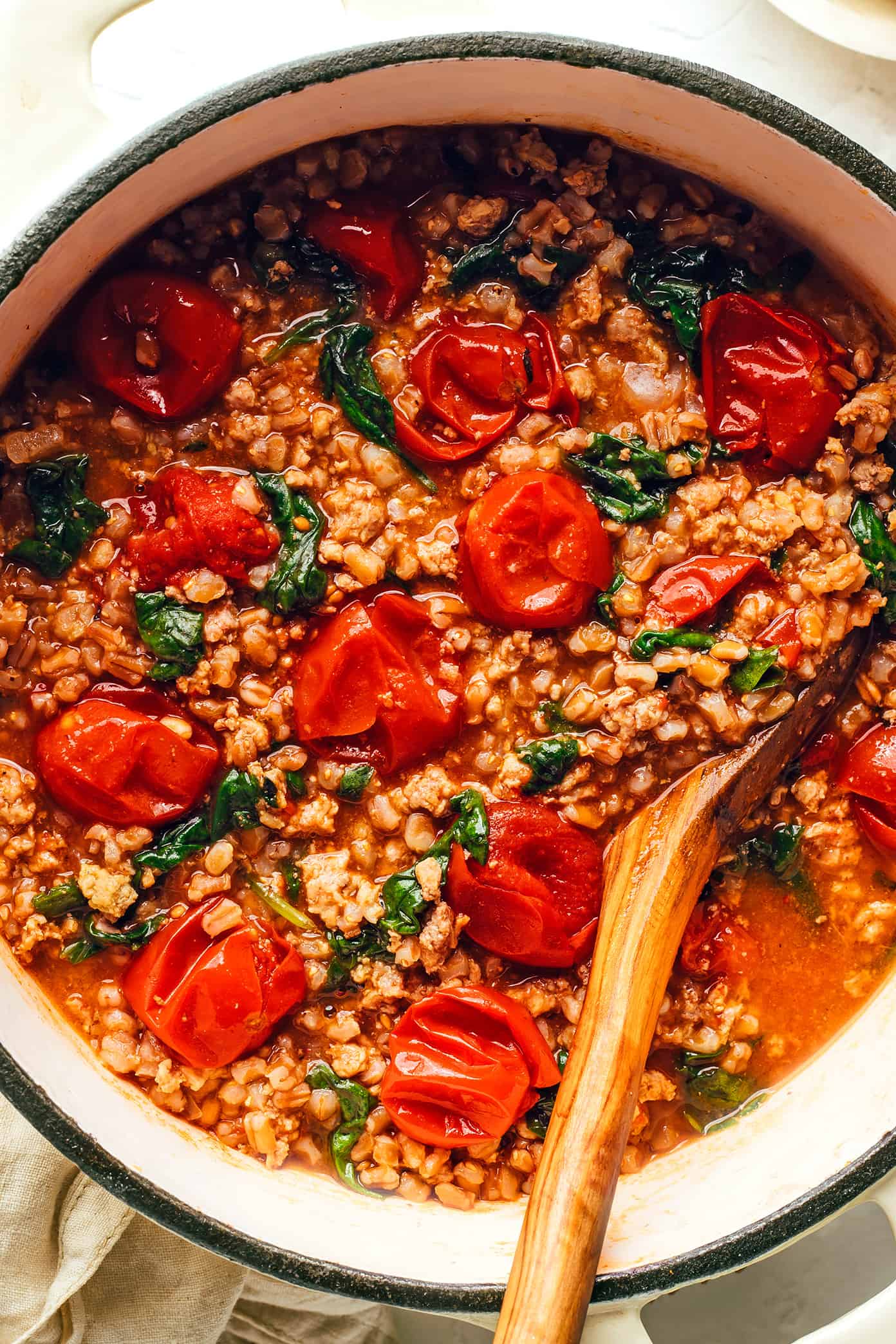 One Pot Farro with Italian Sausage and Tomatoes Closeup