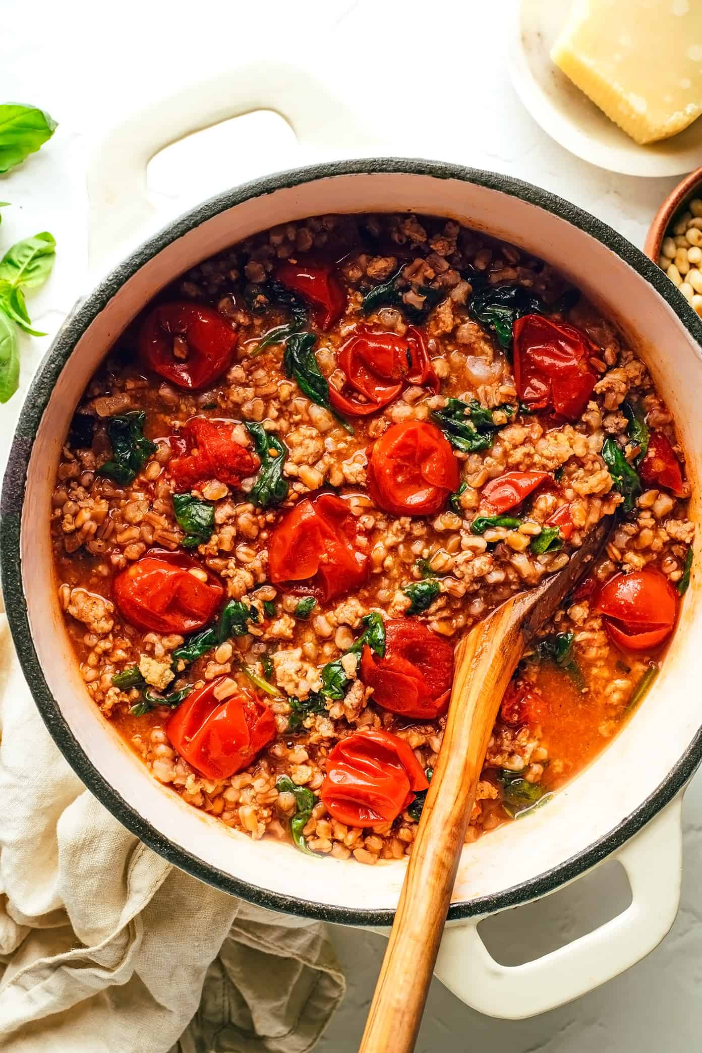 One Pot Farro with Italian Sausage and Tomatoes