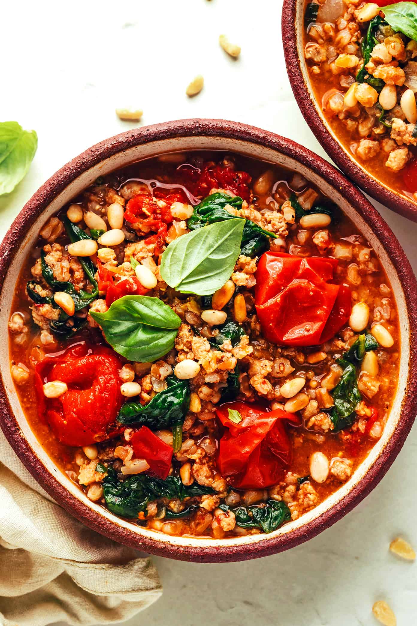 One Pot Farro in Bowls with Pine Nuts