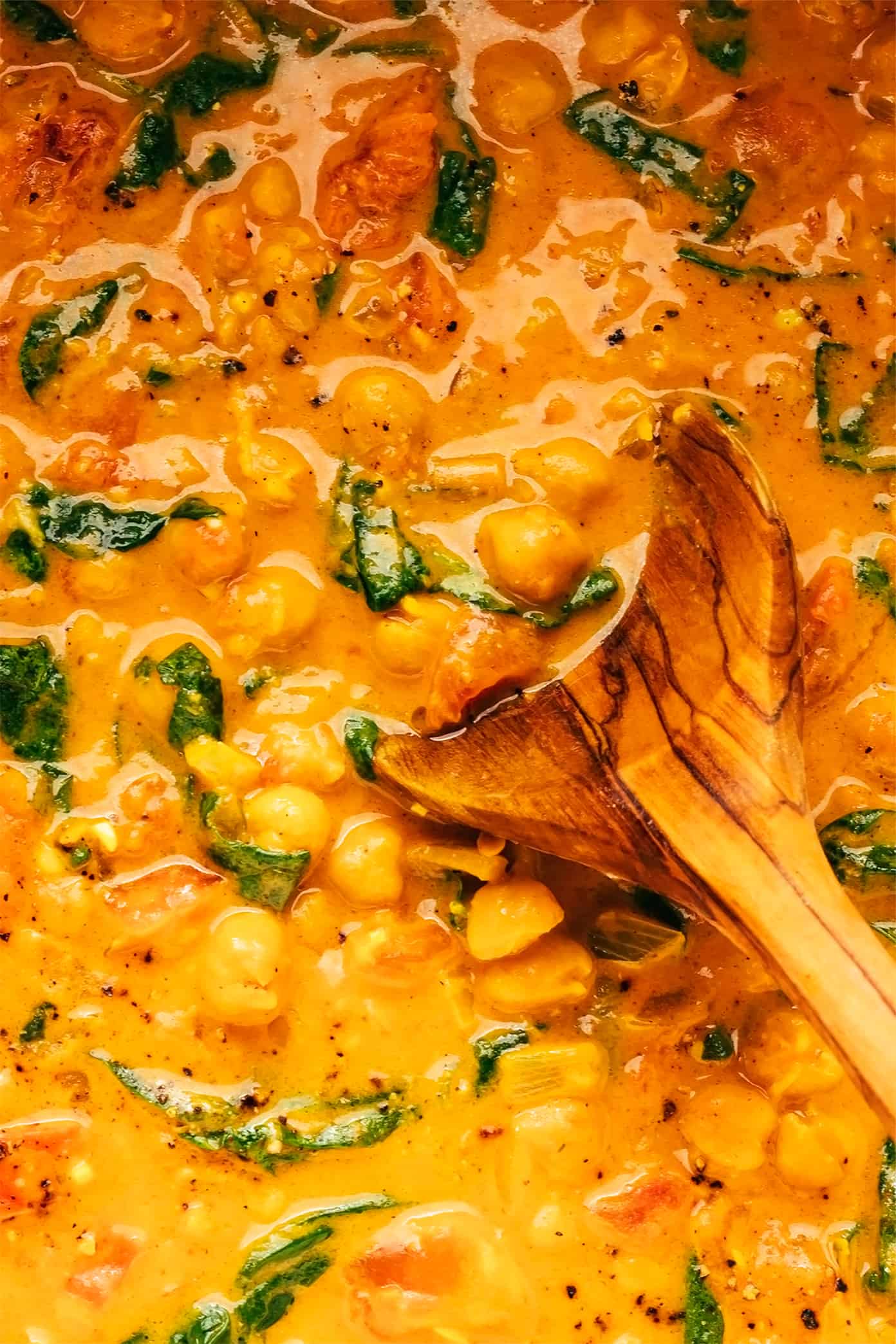 Chickpea Curry Closeup with Wooden Spoon