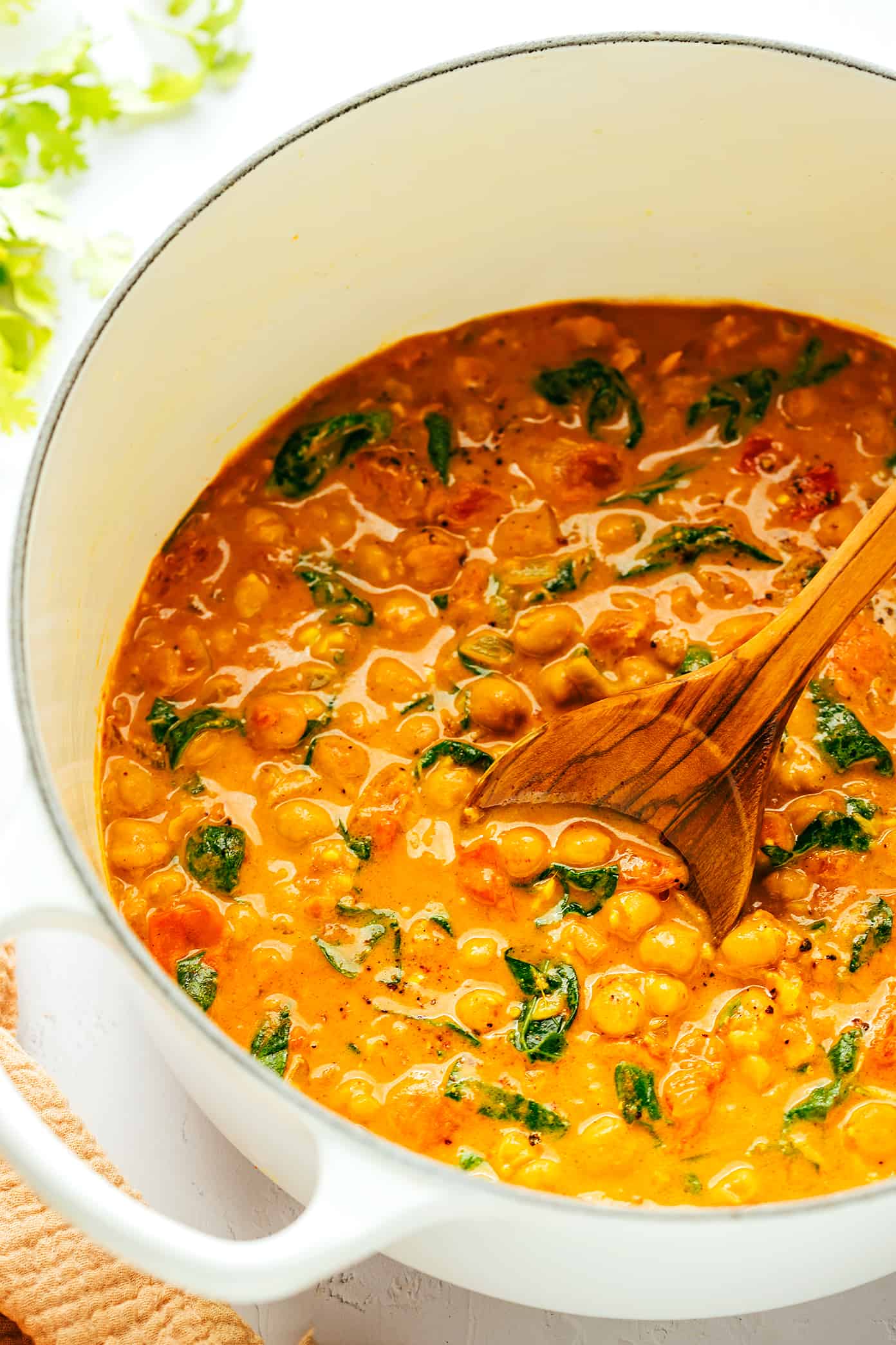 Easy Chickpea Curry in Pot with Wooden Spoon