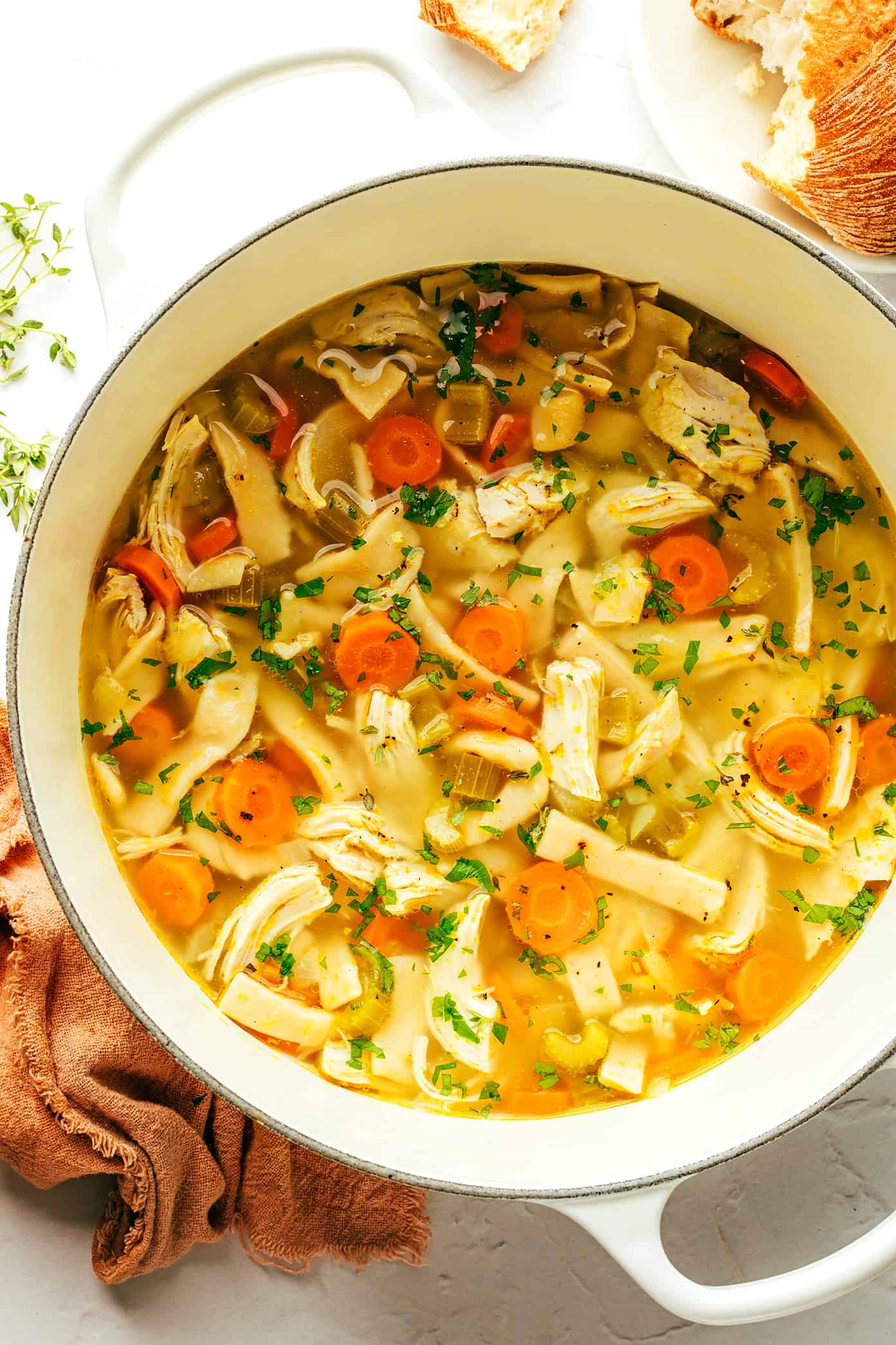 Sopa de macarrão de frango em estilo caseiro na panela com Parlsley