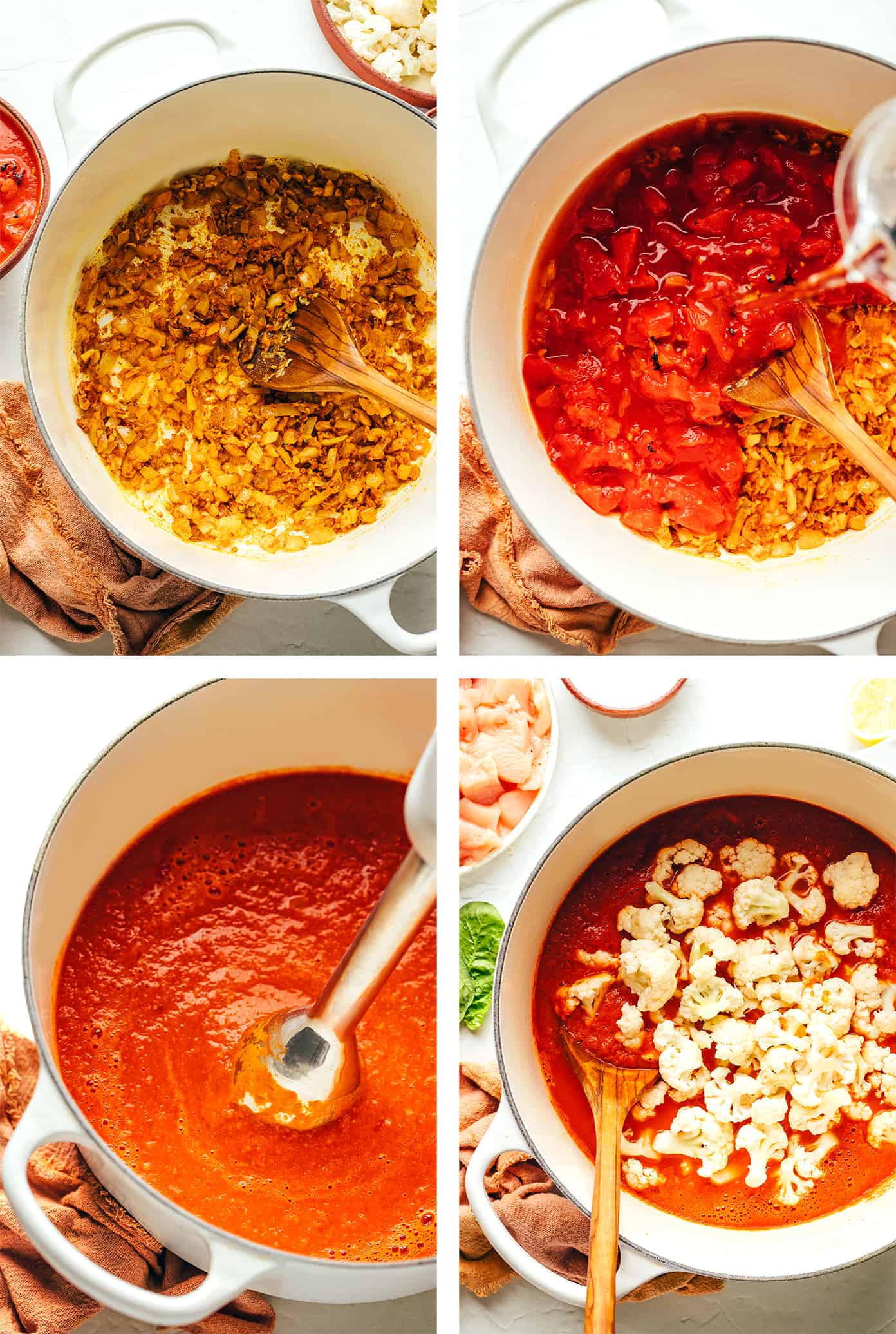 Step by step photos of how to make butter chicken and cauliflower