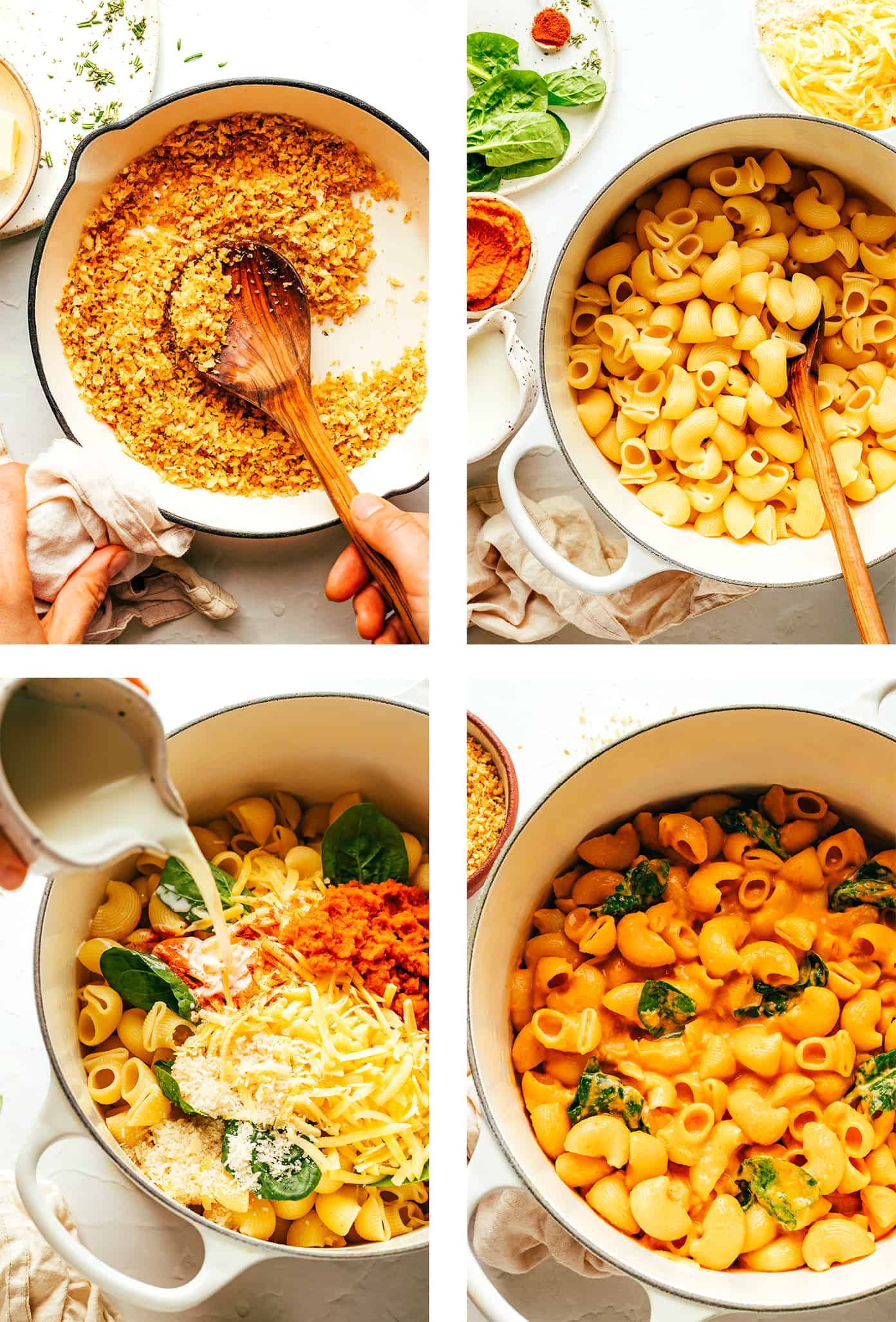 Step by step photos showing how to make pumpkin mac and cheese