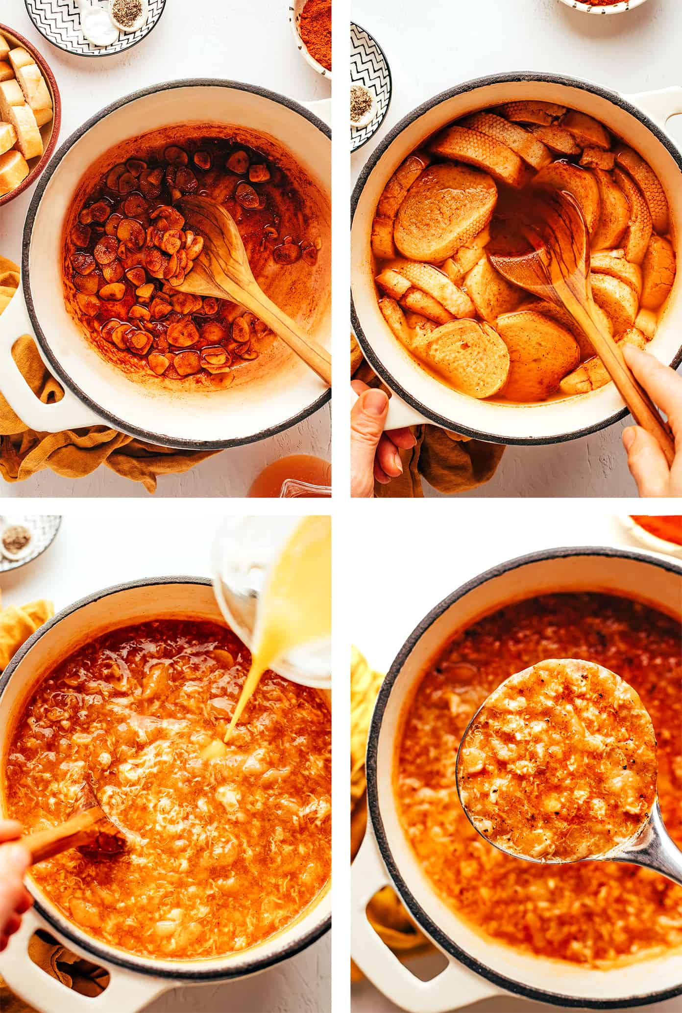Step by step photos showing how to make sopa de ajo (sopa castellana)