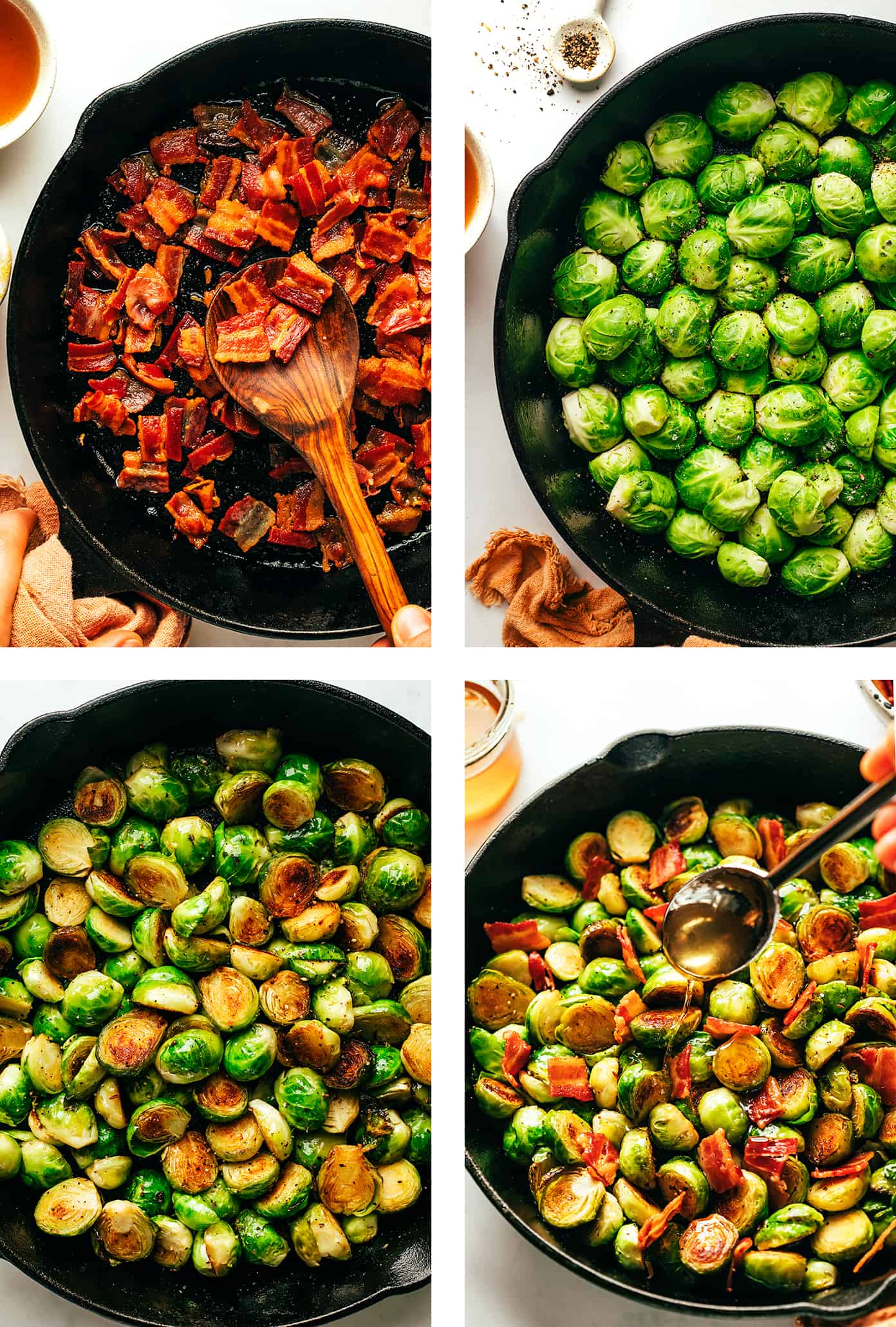 Step by step photos showing how to make bacon Brussels sprouts