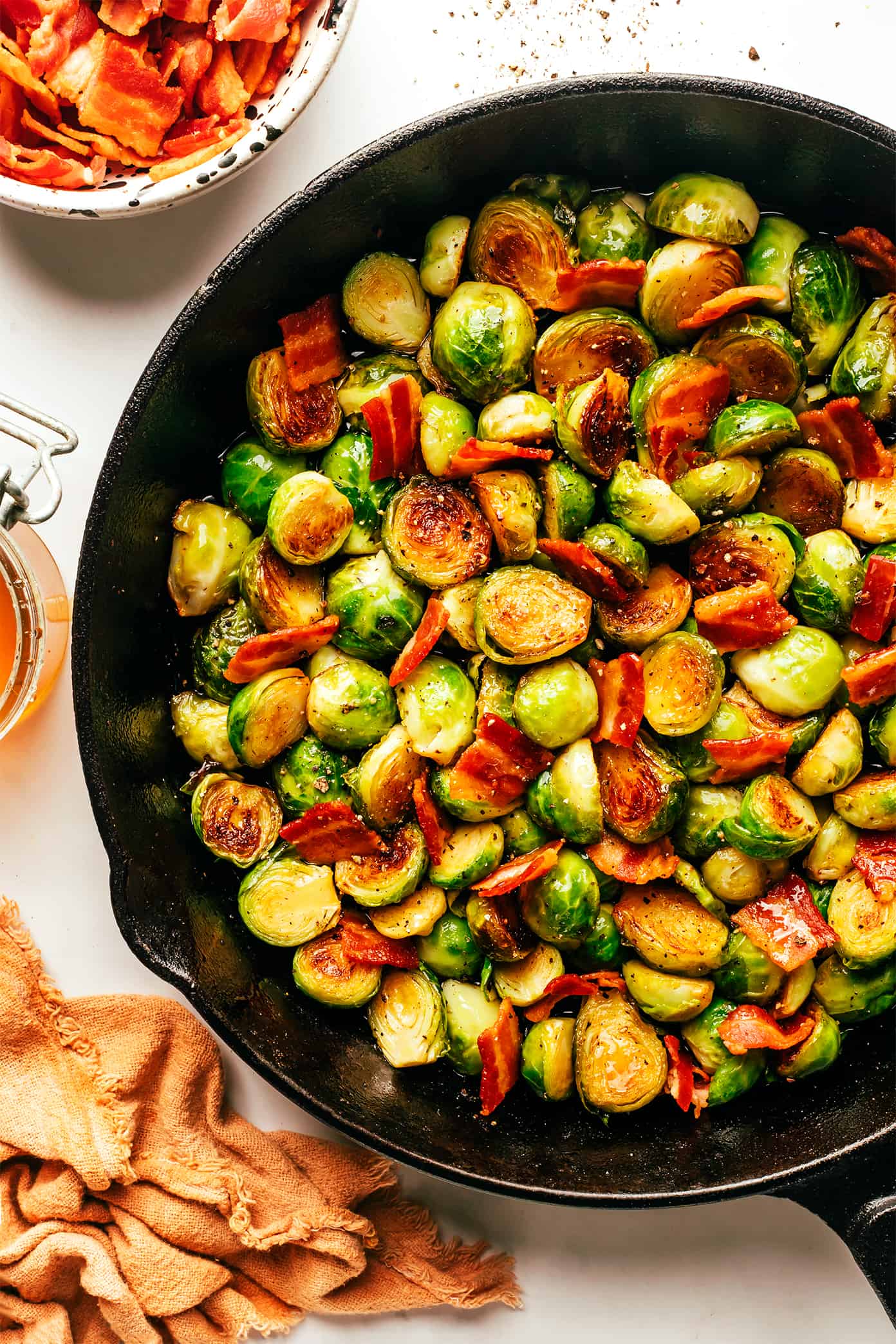 Bacon Brussels Sprouts with Hot Honey in Skillet