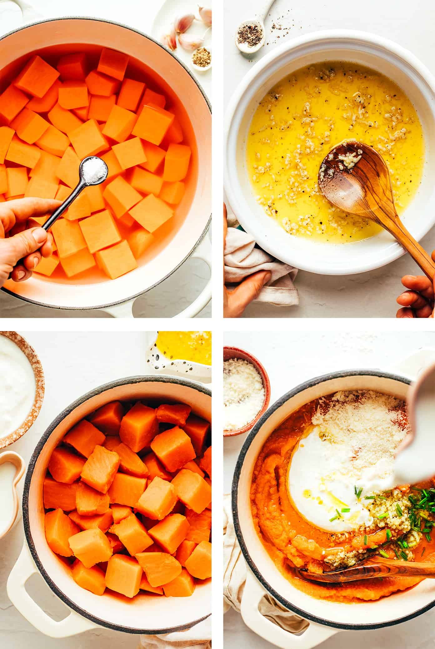 Fotos passo a passo detalhando como fazer purê de batata-doce