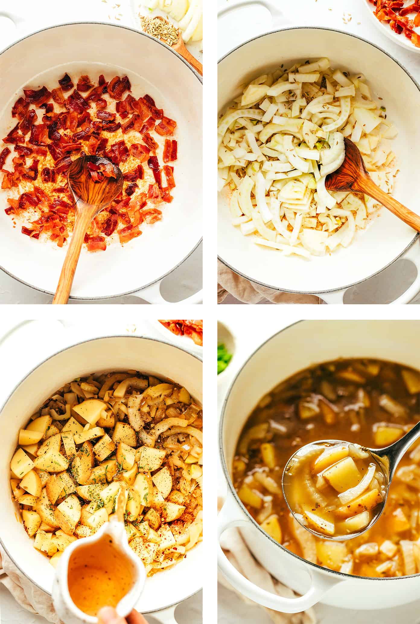 Fotos passo a passo mostrando como fazer a sopa de batata com bacon e erva-doce