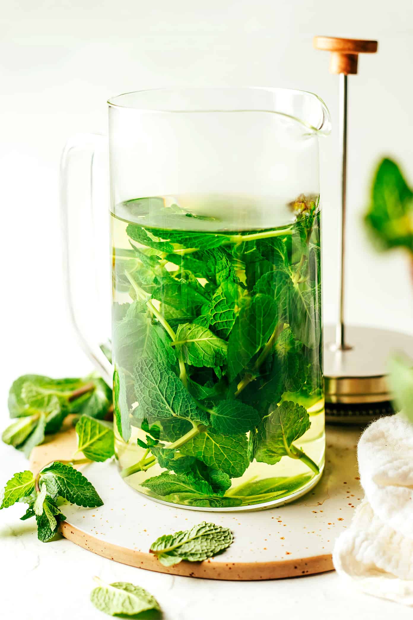 French Press brewing fresh mint tea