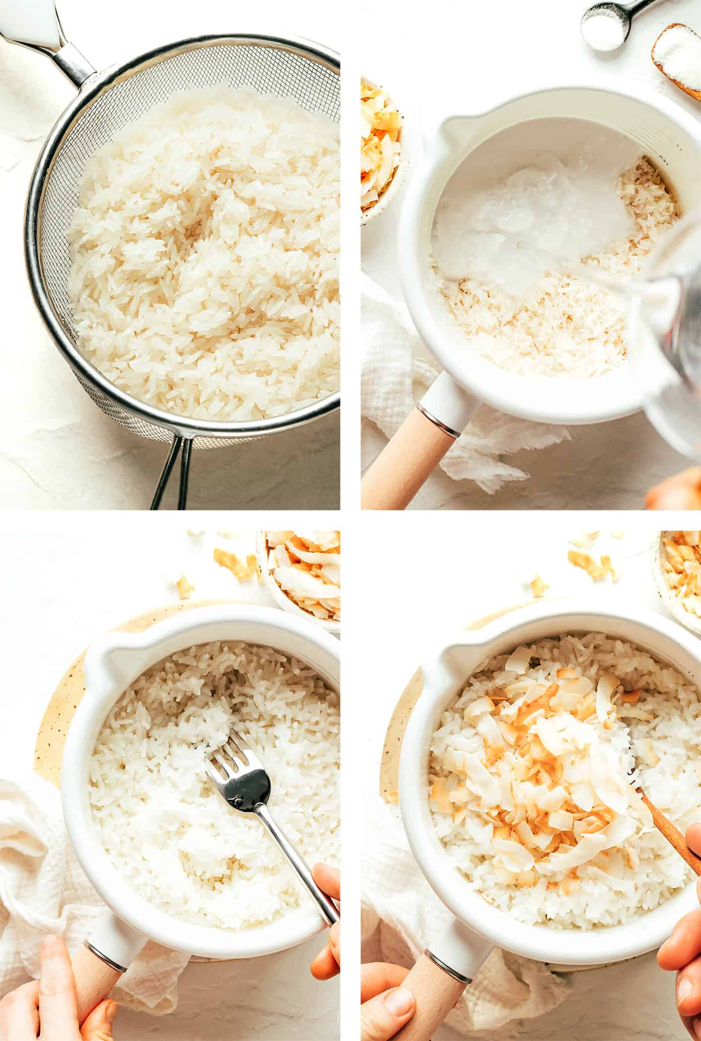 Fotos passo a passo mostrando como fazer arroz de coco