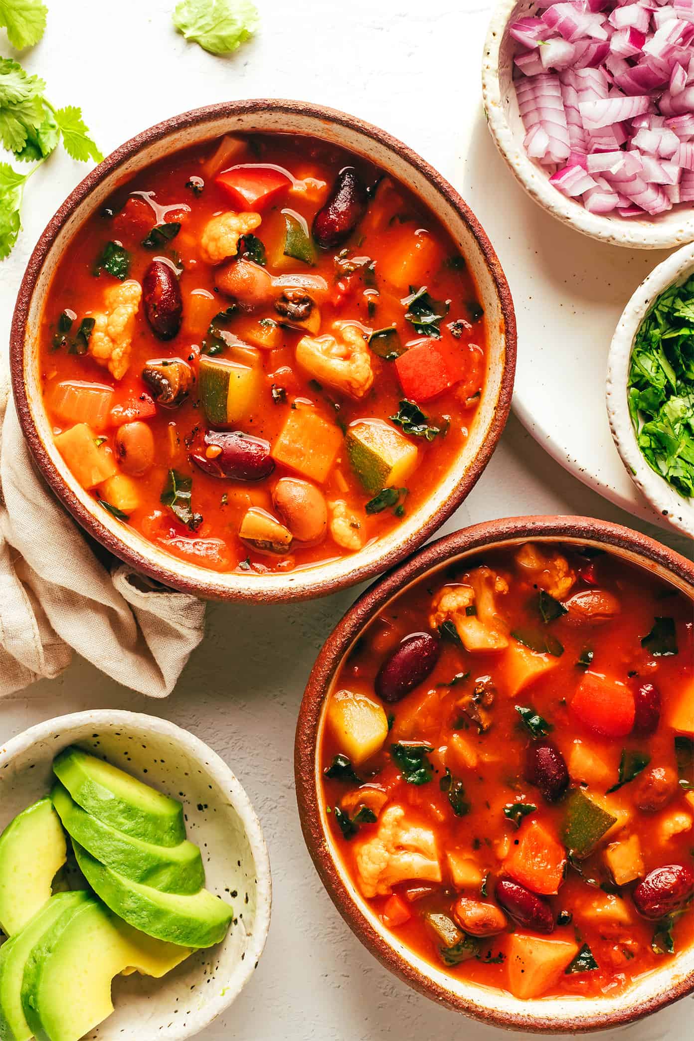 Bowls of vegetarian chili