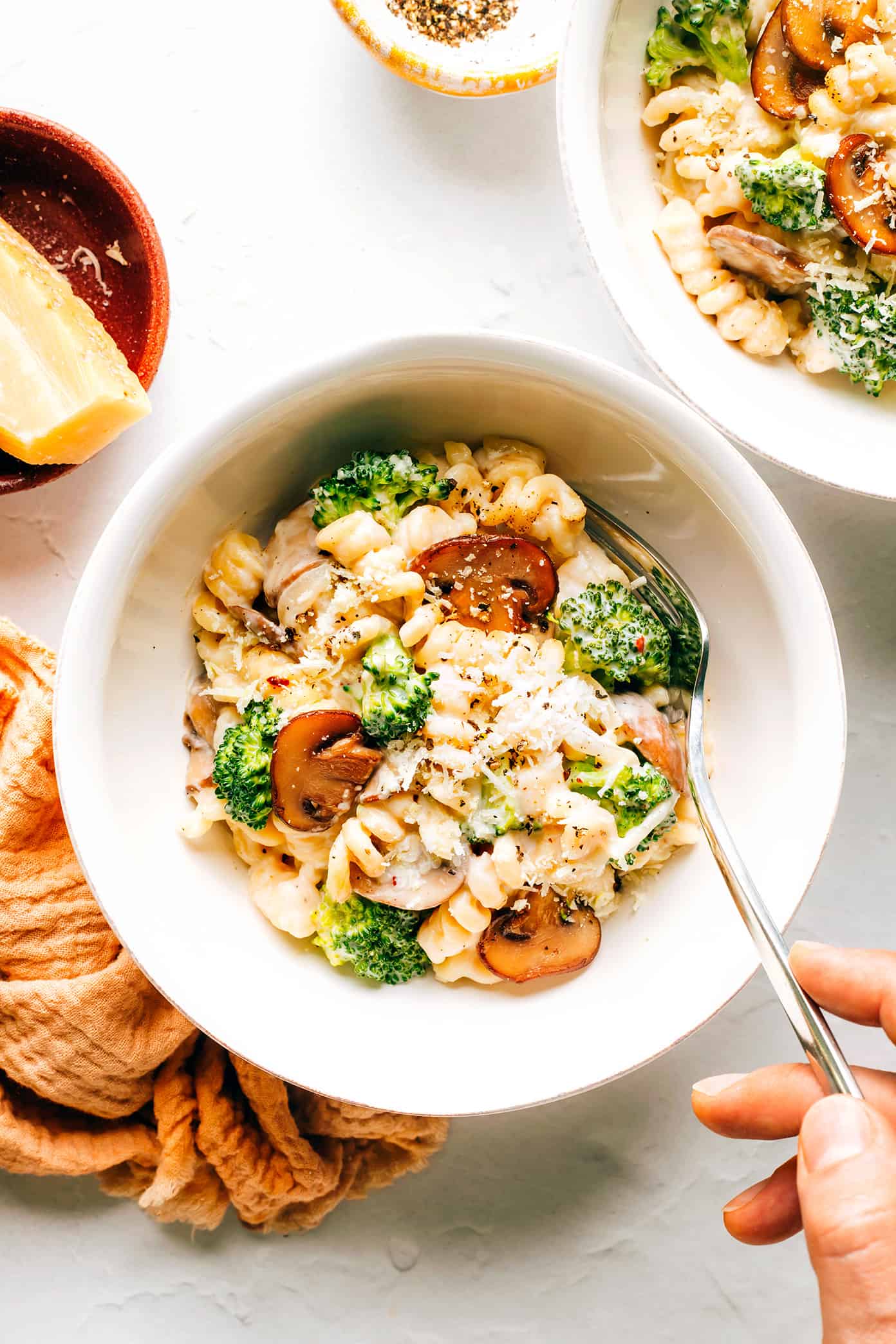 Bowl of Broccoli Mac and Cheese with Fork