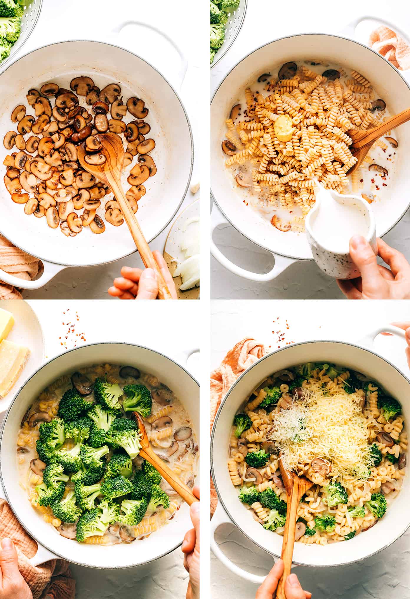 Step by step photos showing how to make broccoli mac and cheese