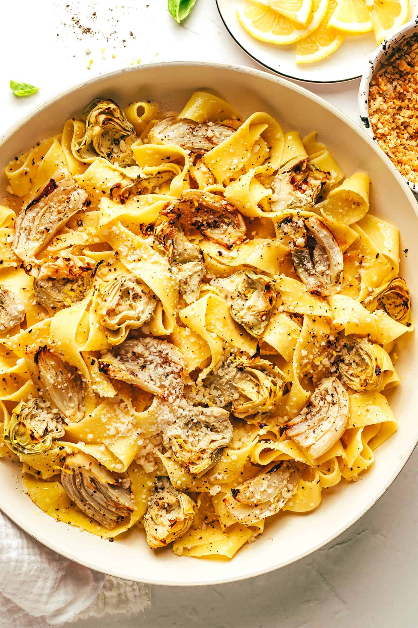 Lemon Brown Butter Pasta in Pan with Roasted Artichokes and Fennel and Garlic Breadcrumbs