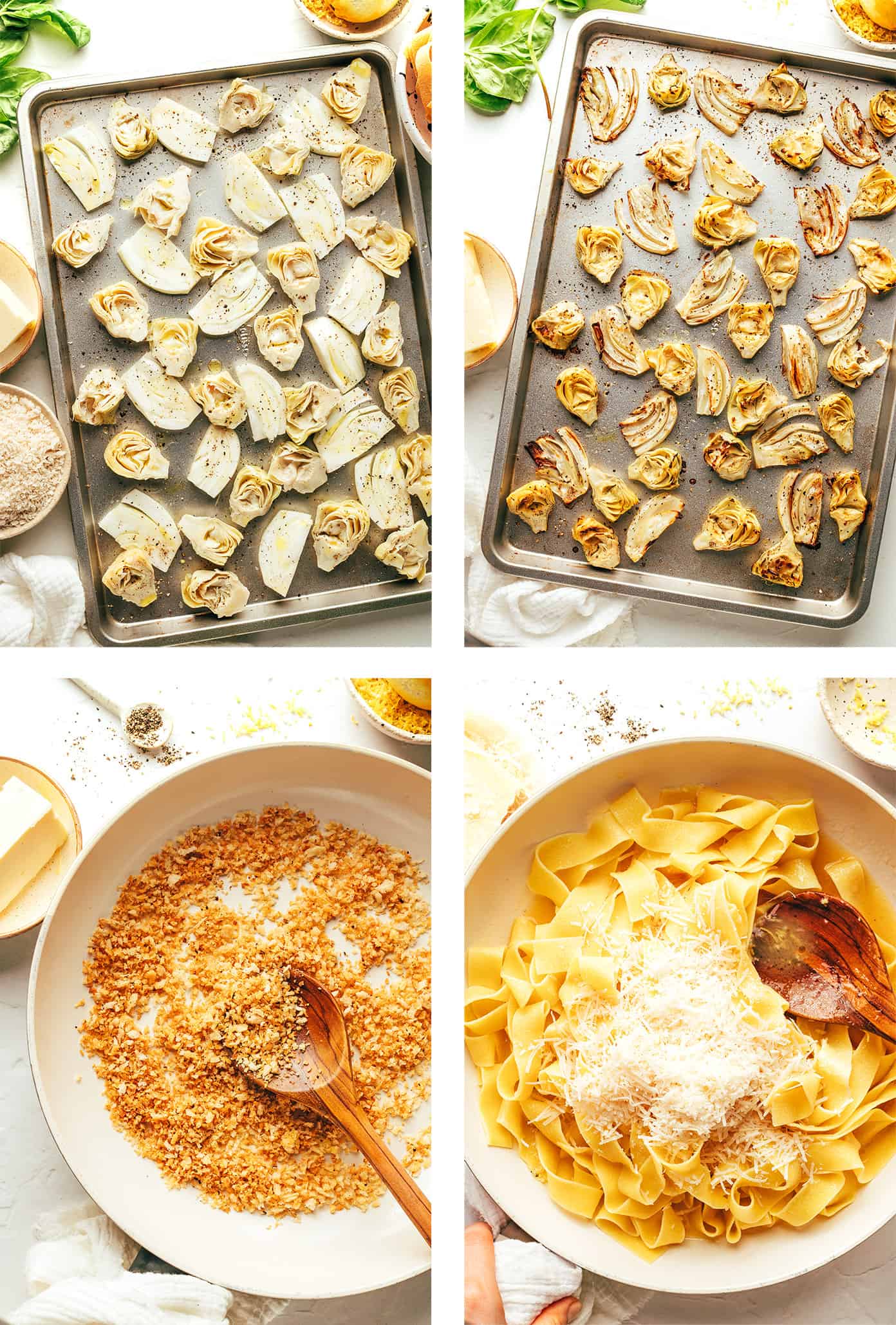 Step by step photos showing how to make lemon brown butter pasta with roasted fennel and artichokes