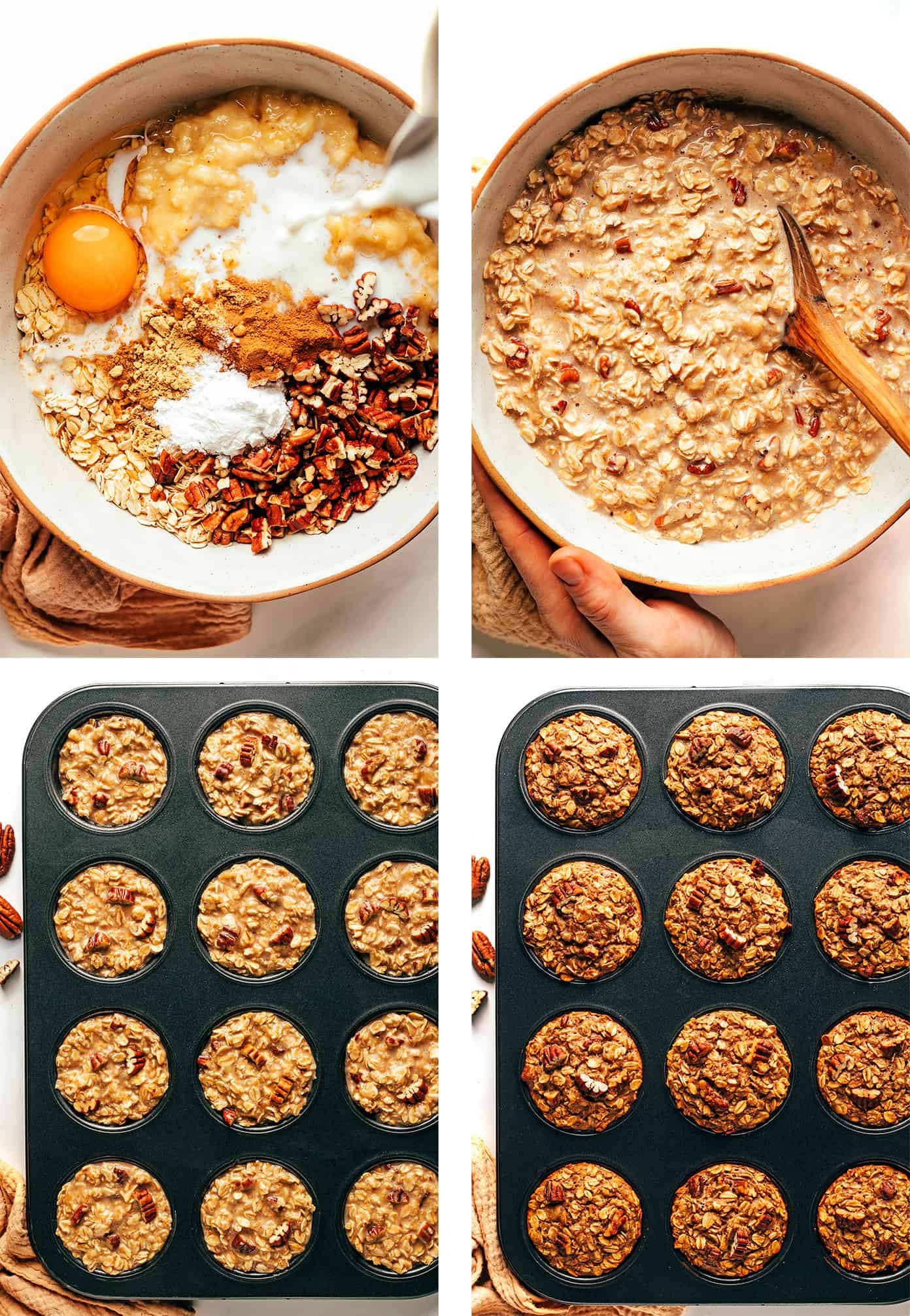 Step by step photos showing how to make baked oatmeal cups