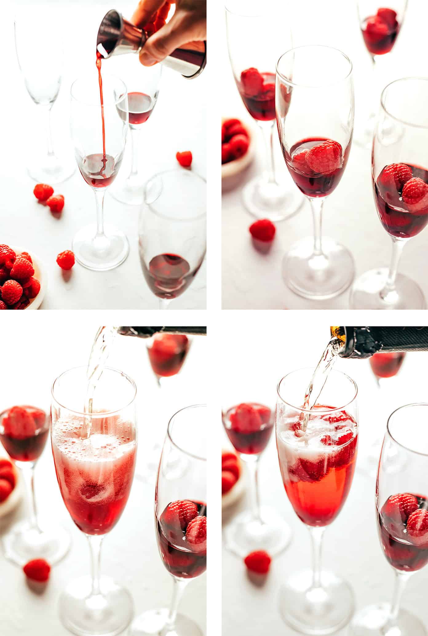 Step by step photos showing how to make a kir royale cocktail