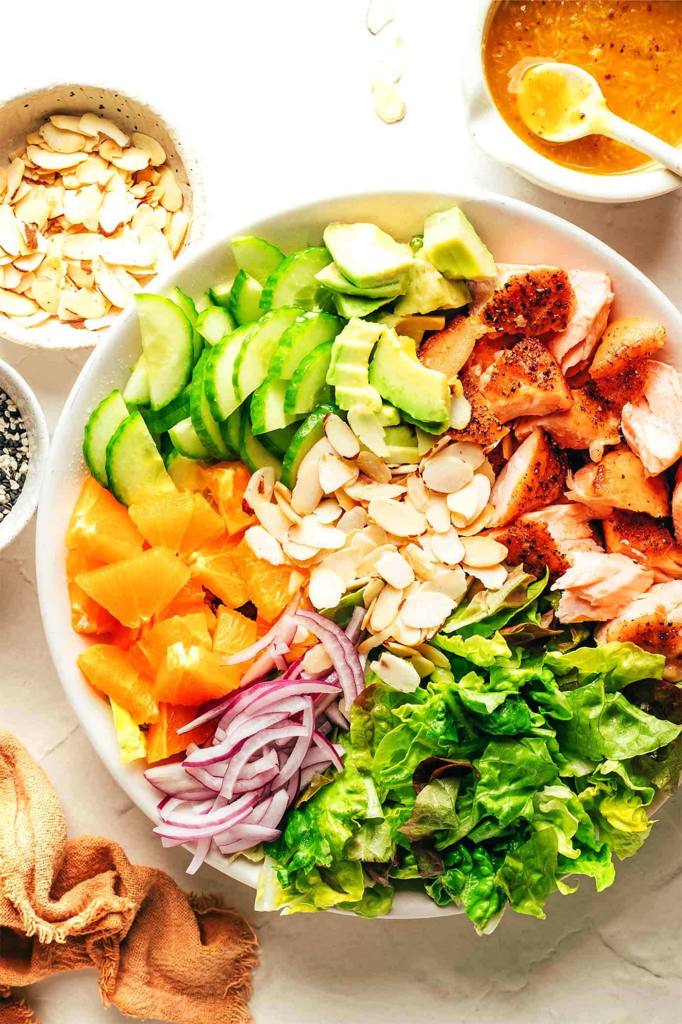 Salmon Salad Ingredients prepped in serving bowl